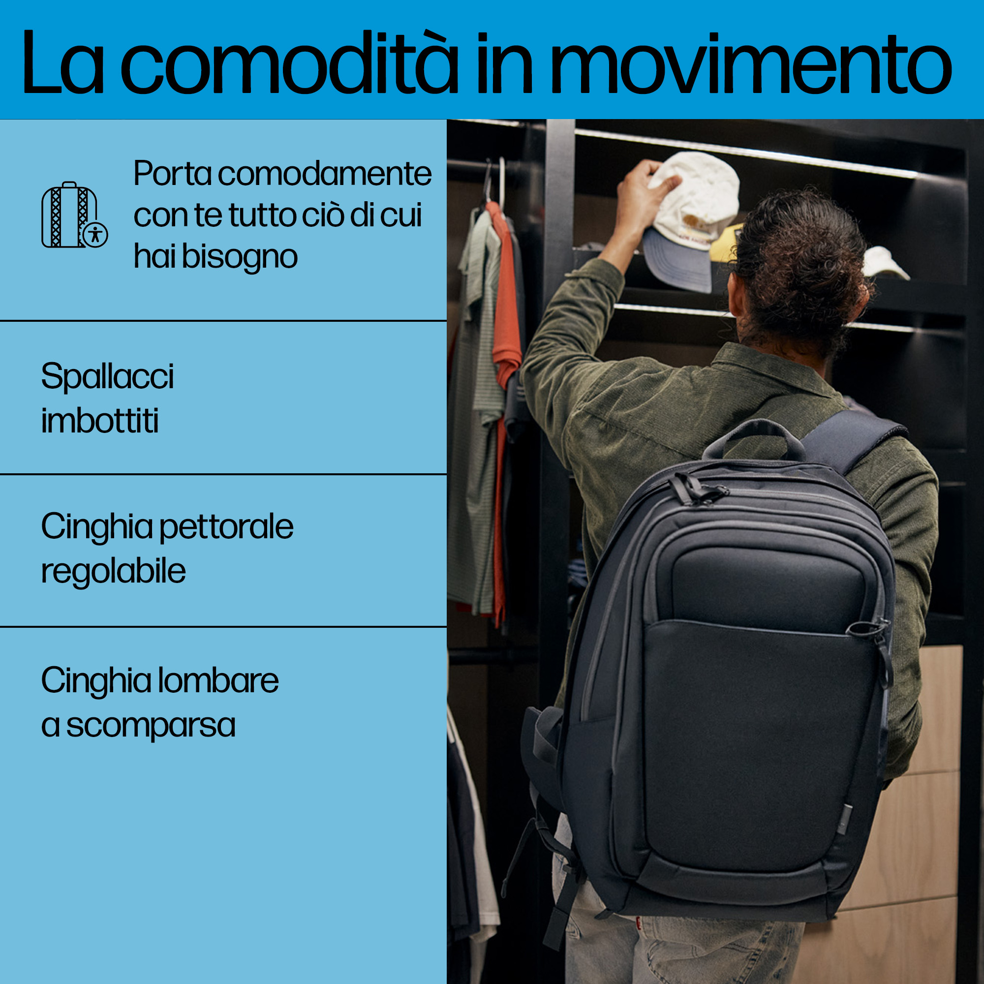 Uomo con zaino nero davanti all'armadio, prende una cappellino.