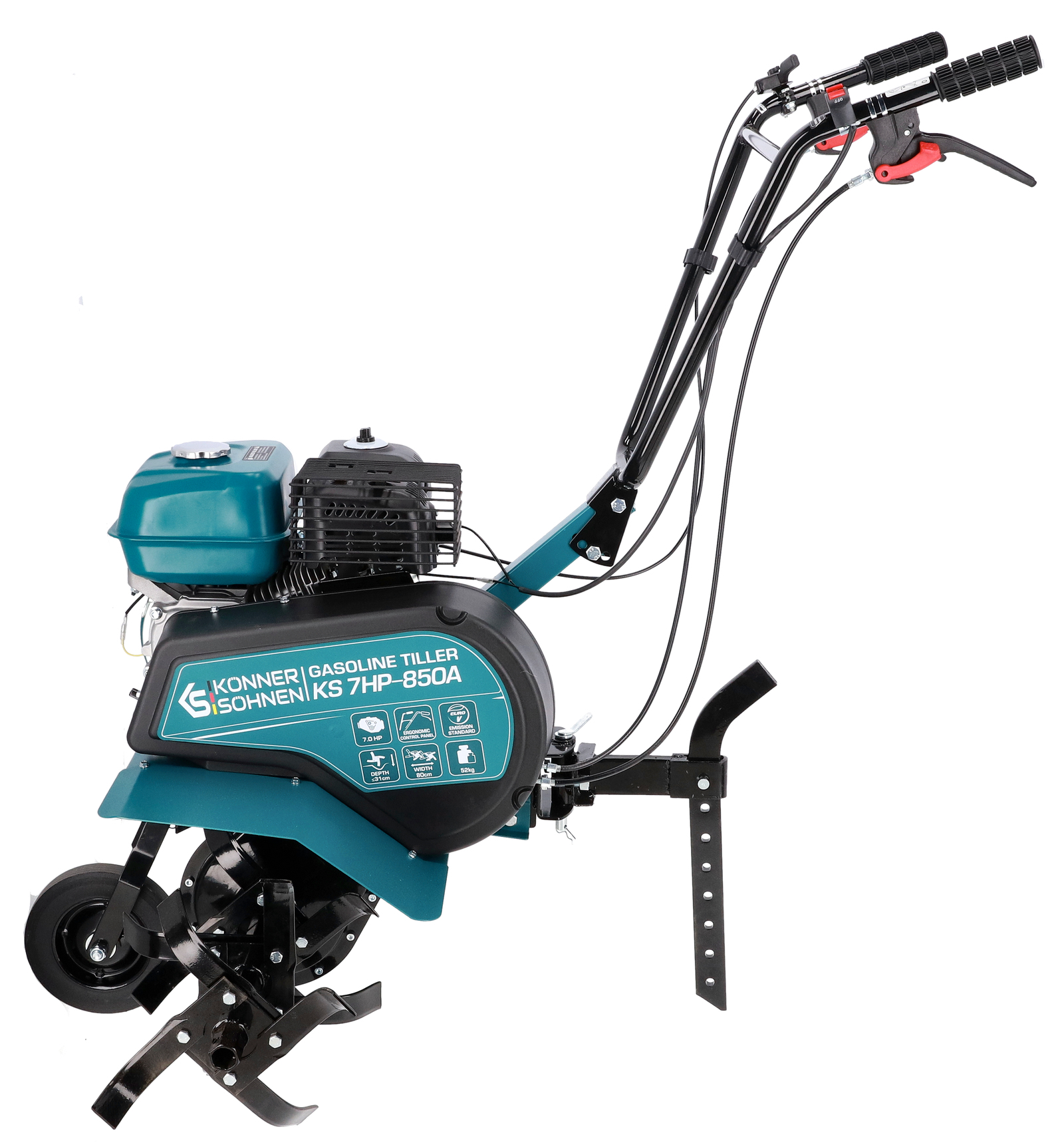 Turkusowy kultywator spalinowy z czarnymi uchwytami i kołami, białe tło.