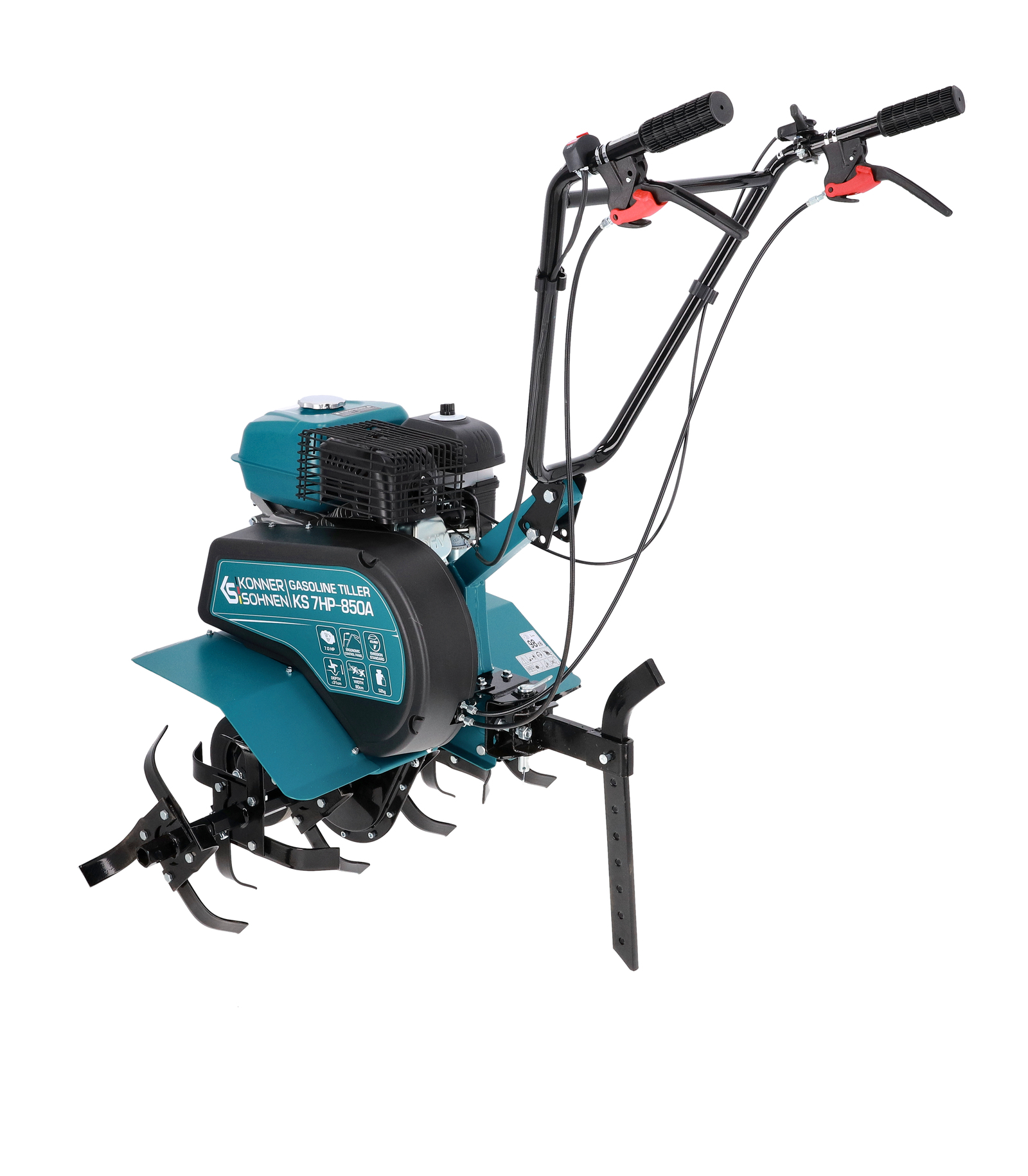 Turkusowa glebogryzarka z czarnymi uchwytami i kołami, na białym tle.