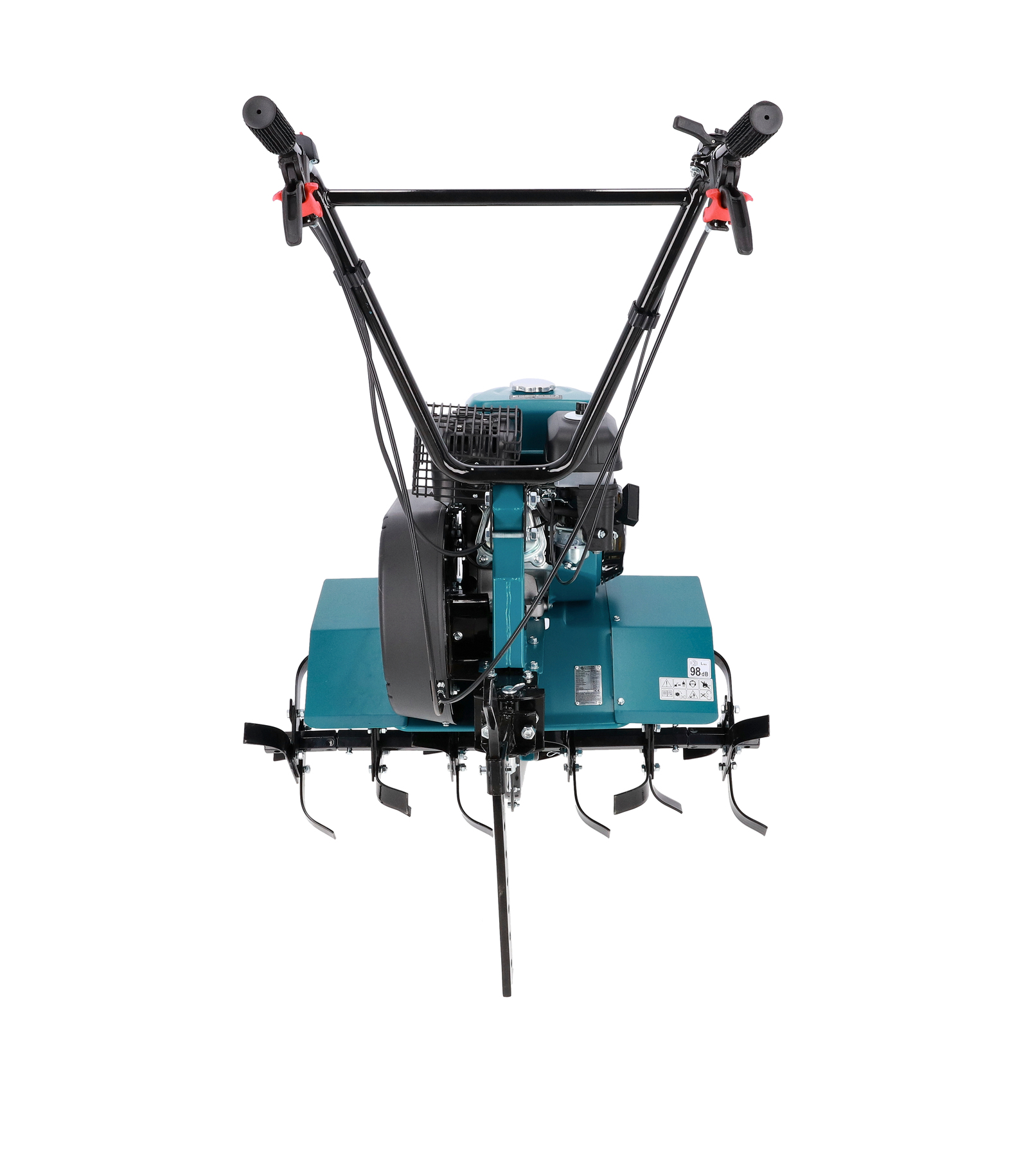 Turkusowa glebogryzarka z czarnymi uchwytami i czerwono-czarnymi kontrolkami.