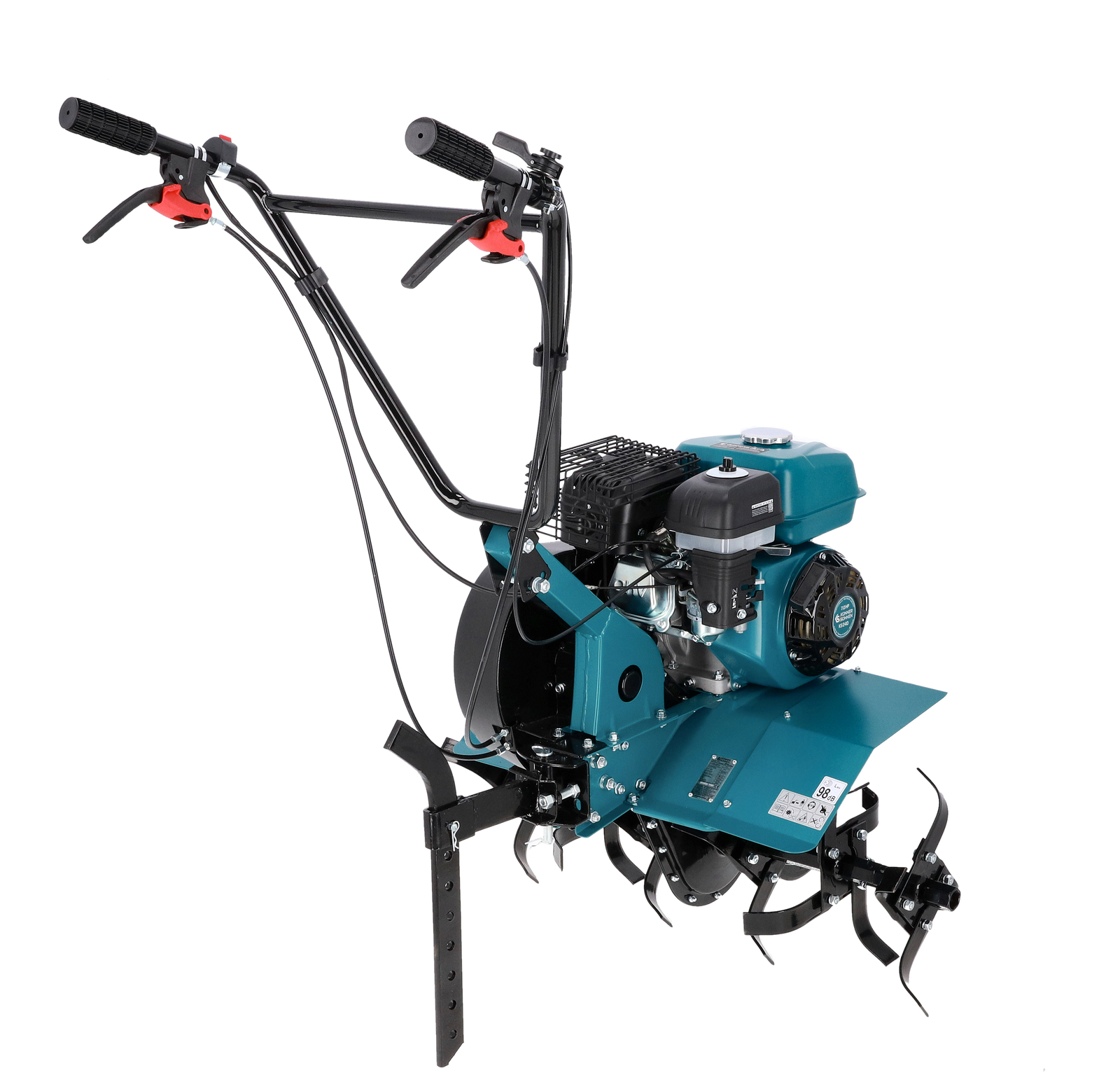 Turkusowa glebogryzarka z czarnymi uchwytami i silnikiem.