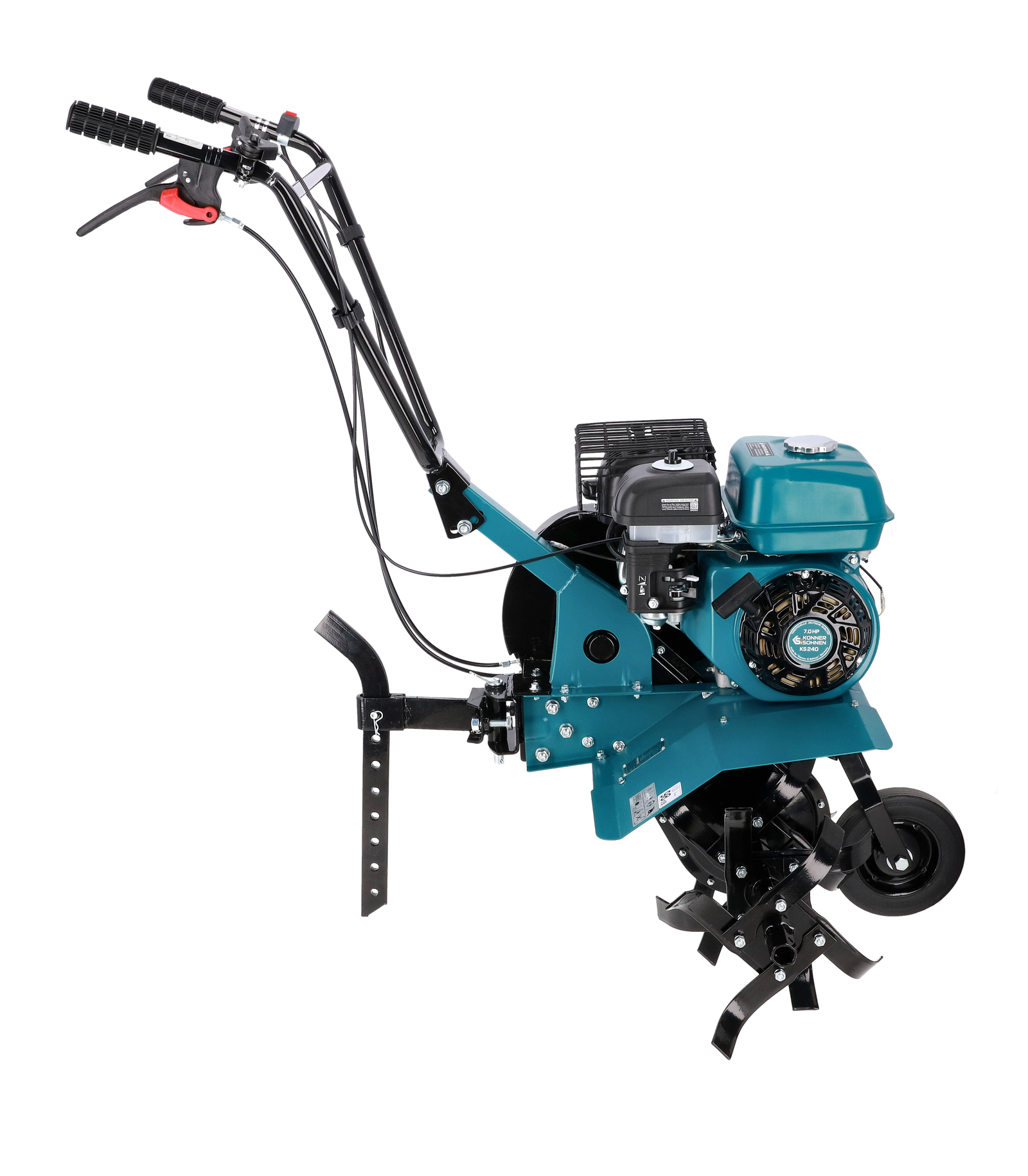 Turkusowa glebogryzarka z czarnym silnikiem, kołem i narzędziami, białe tło.