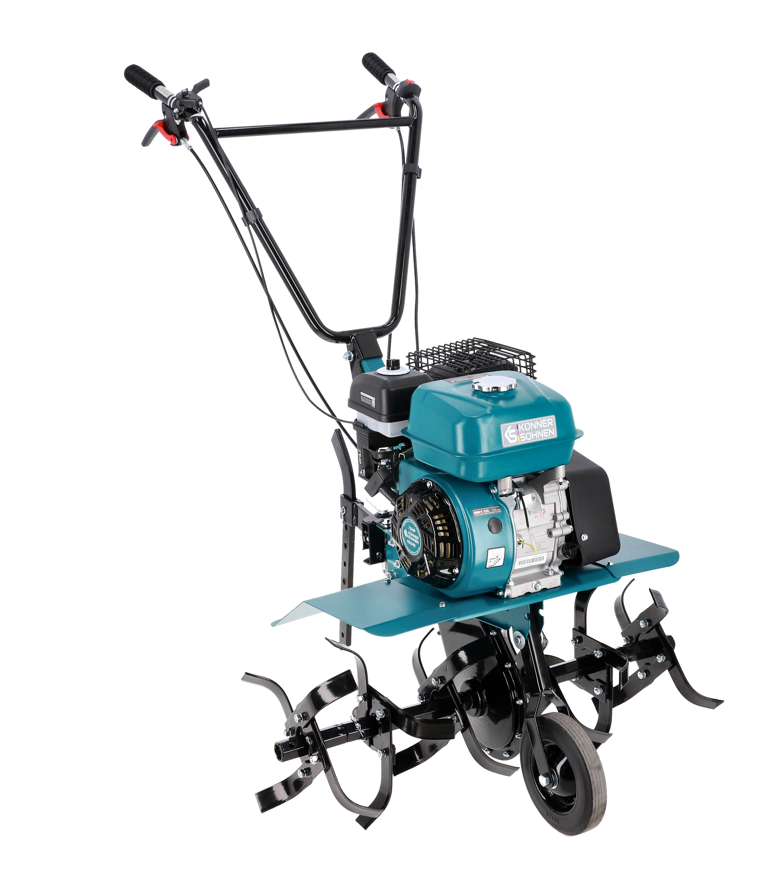 Tealowa glebogryzarka z czarnymi uchwytami i kołami, na białym tle.