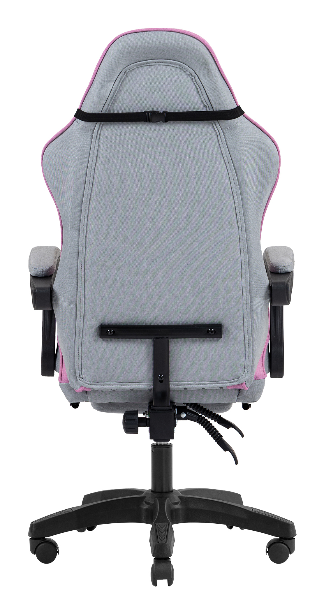 Vista trasera de una silla de oficina gris con ribetes rosas y reposabrazos negros.