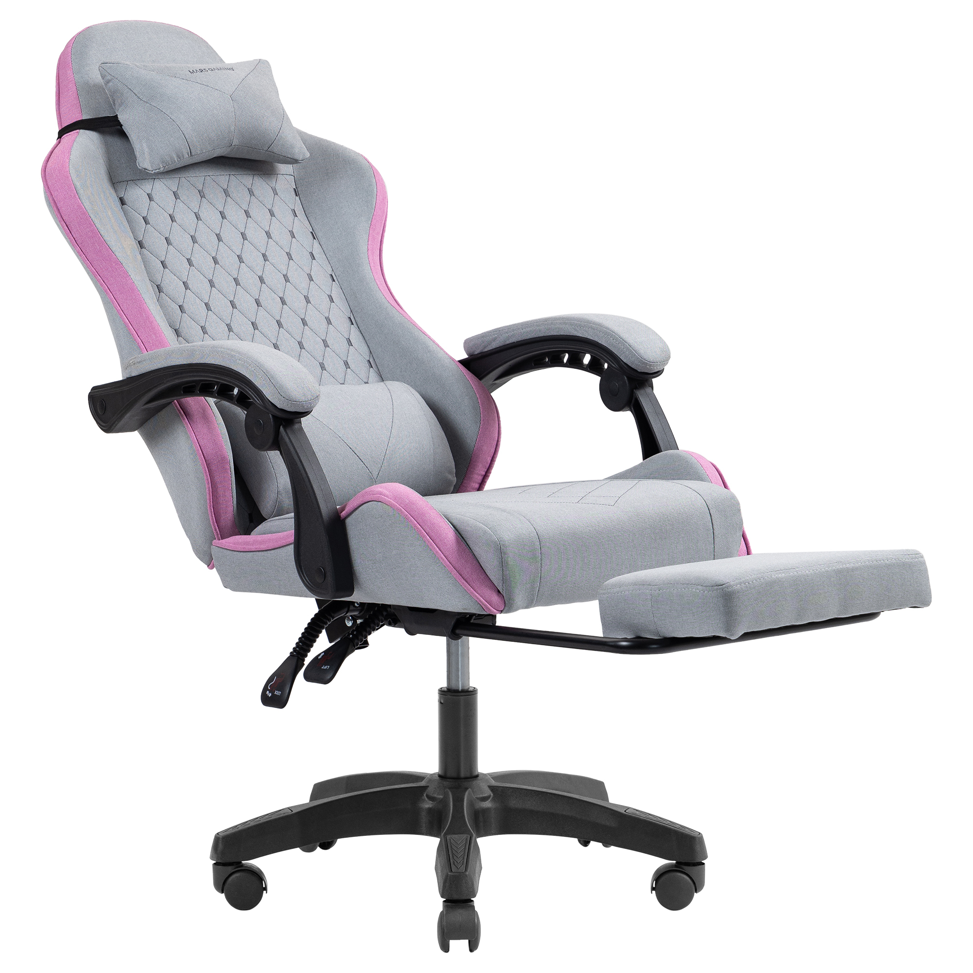 Silla gamer gris con acentos rosas, reposapiés y cojín de cabeza.