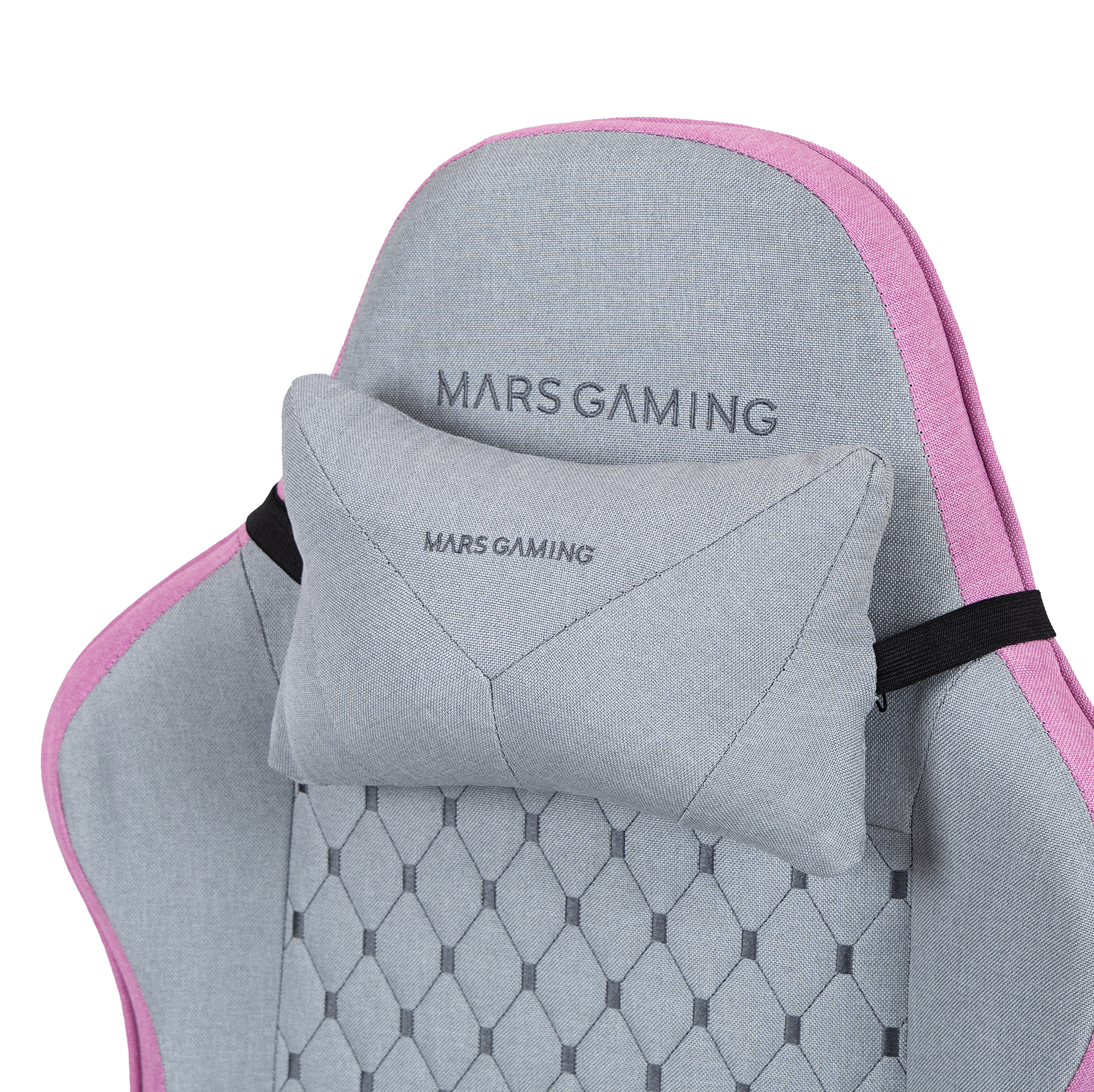 Silla gaming gris con ribete rosa y cojín cervical con texto "MARS GAMING".
