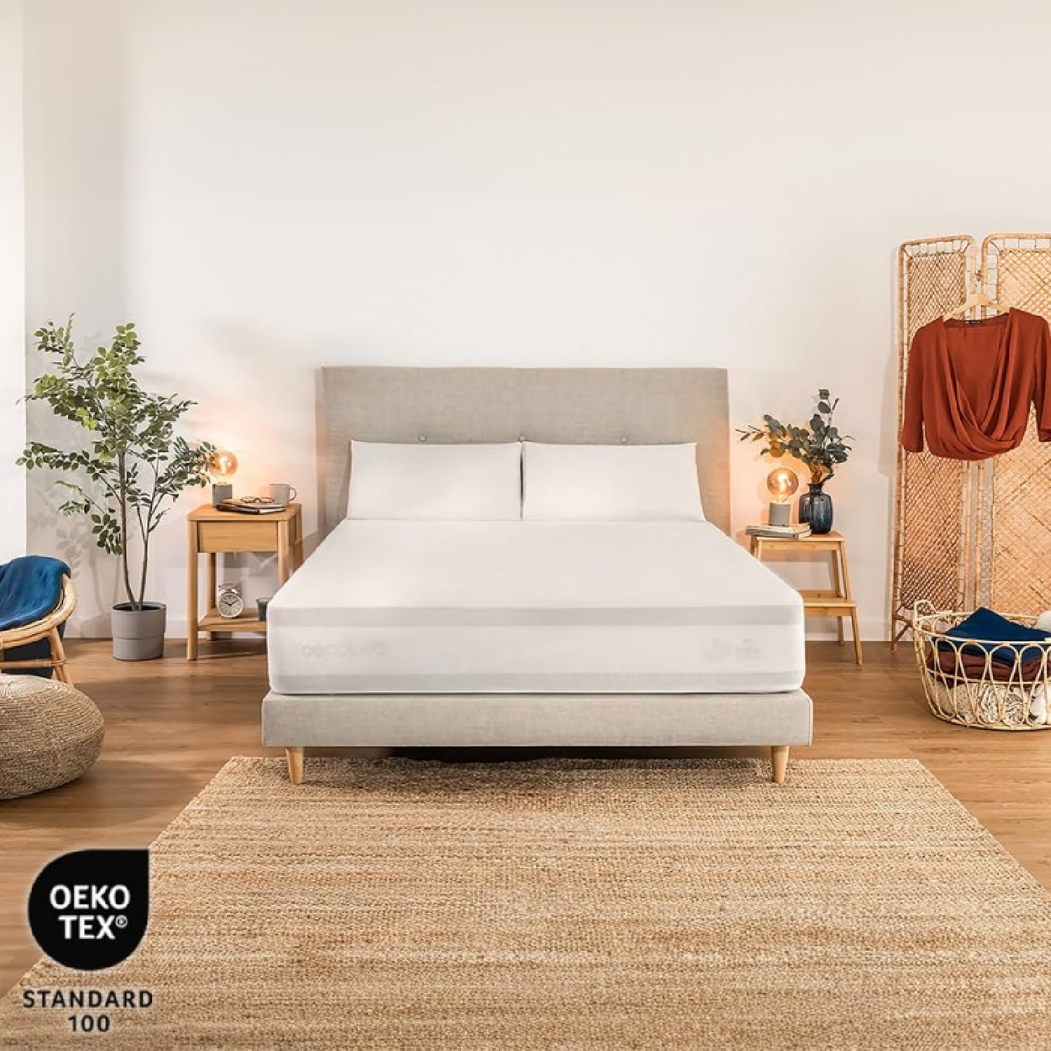 Un letto bianco con due cuscini, accanto comodini con lampade.