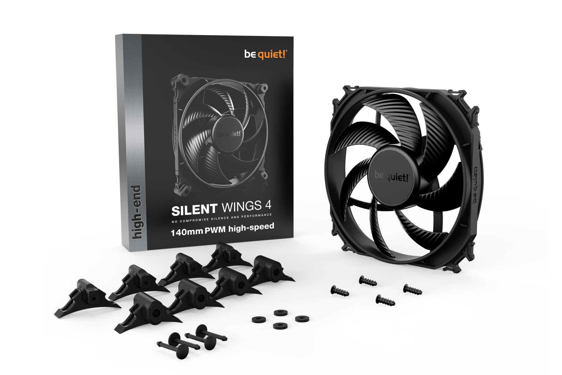 Una ventola PC nera, confezione e accessori su sfondo bianco.