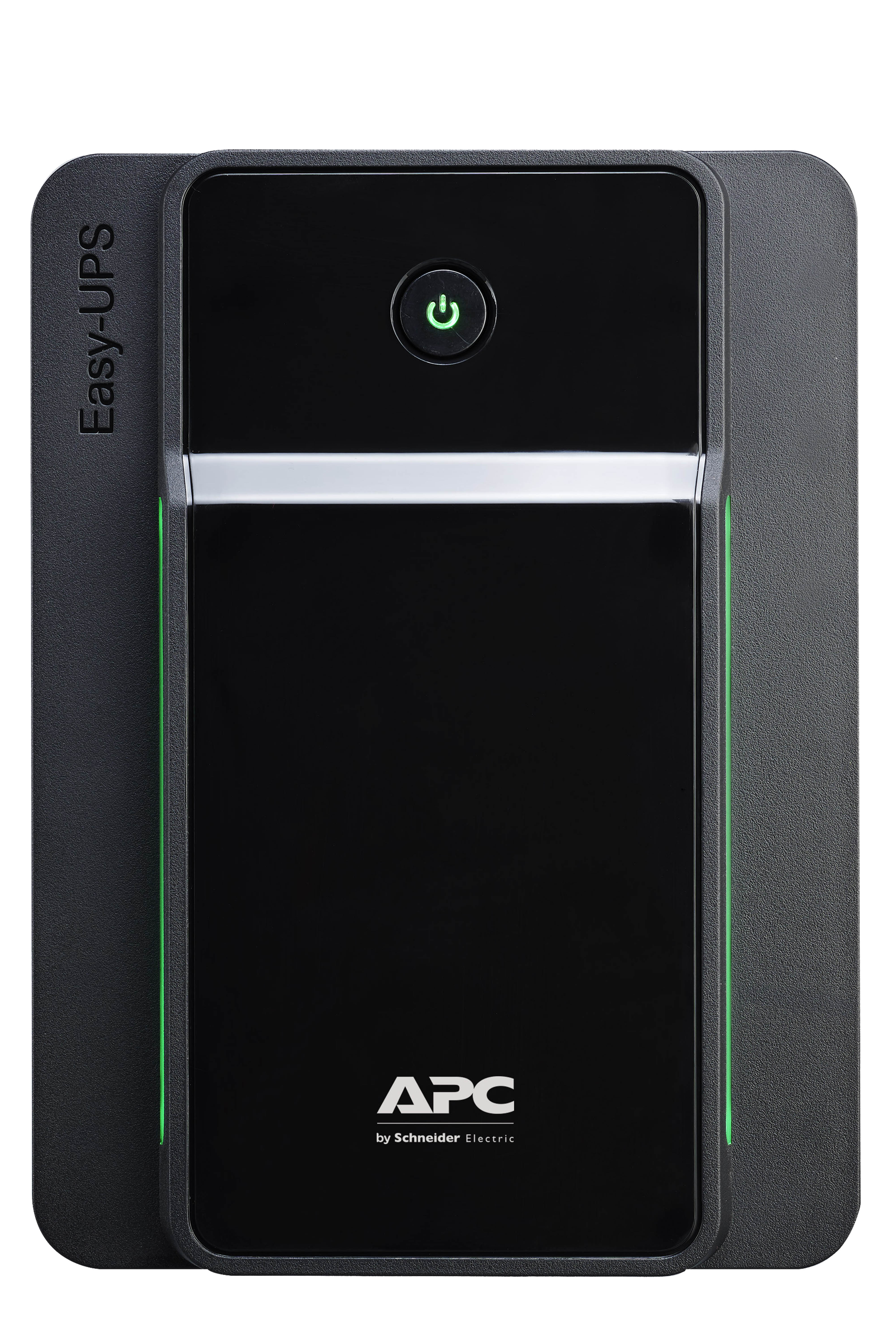 Yeşil güç düğmeli ve göstergeli siyah APC Easy-UPS cihazı.