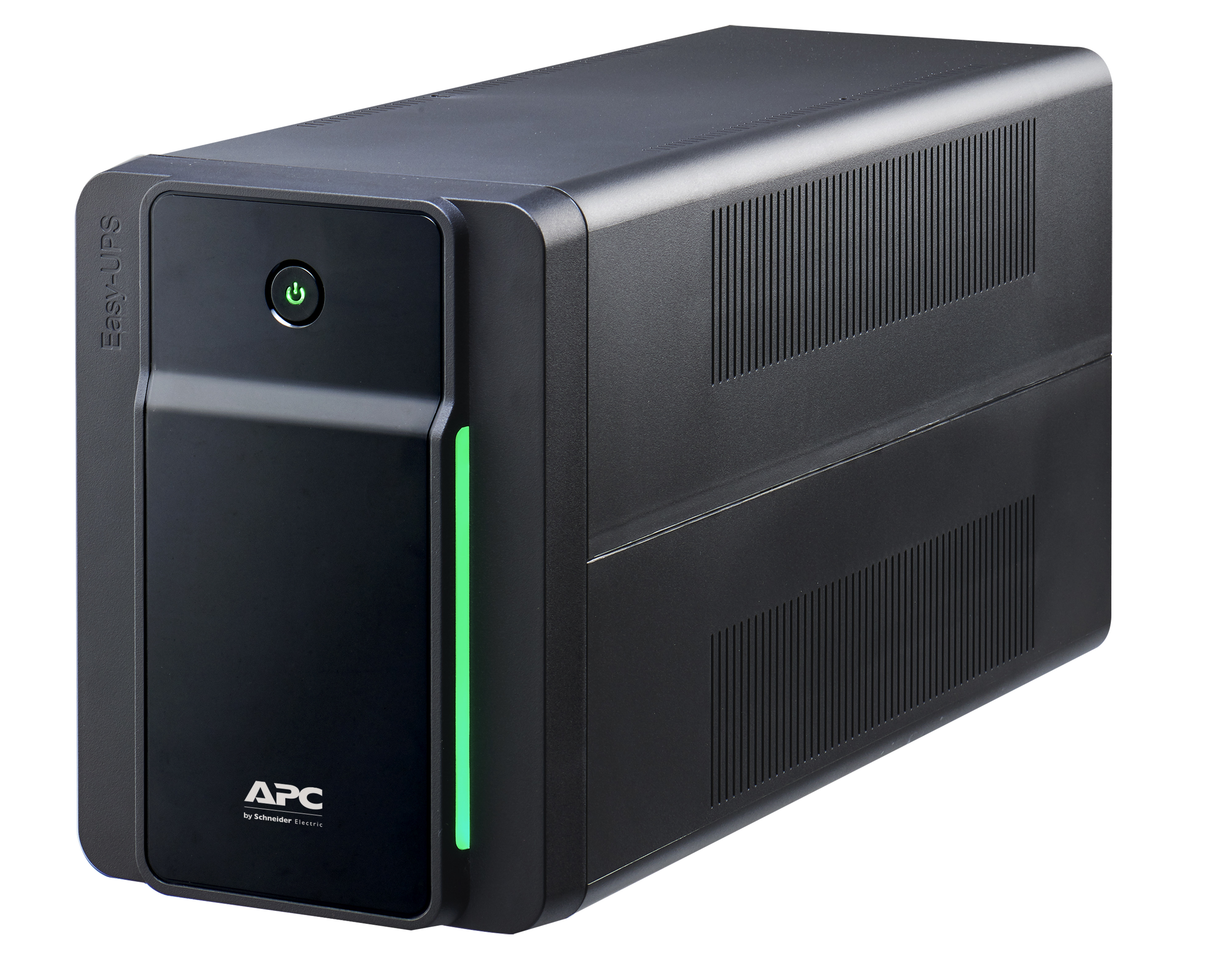 Yeşil güç düğmesi ve LED şeridi olan siyah APC Easy-UPS.