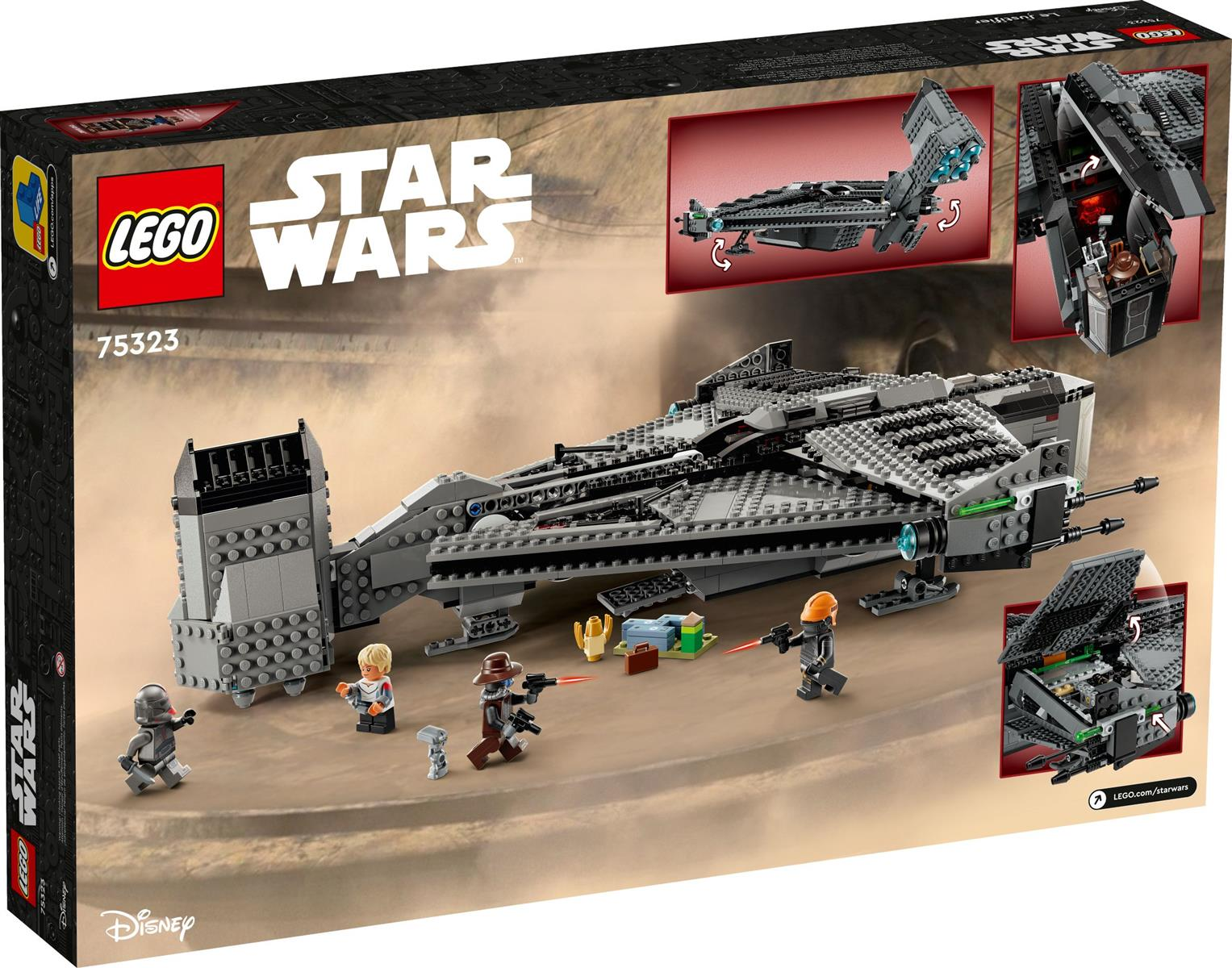Lego Star Wars Raumschiff mit Minifiguren auf sandigem Untergrund.
