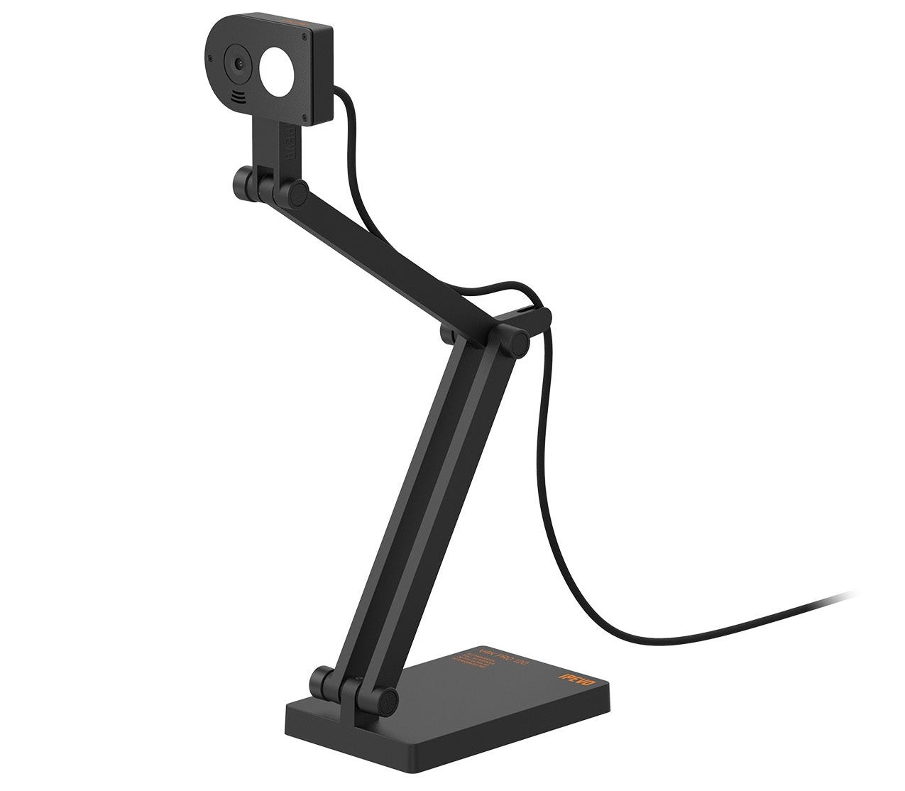 Eine schwarze Webcam auf einem flexiblen Arm mit rechteckiger Basis.