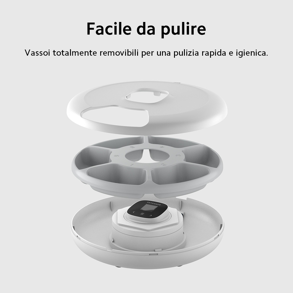 Biały, rozłożony dozownik karmy z cyfrowym wyświetlaczem i wieloma przegrodami.