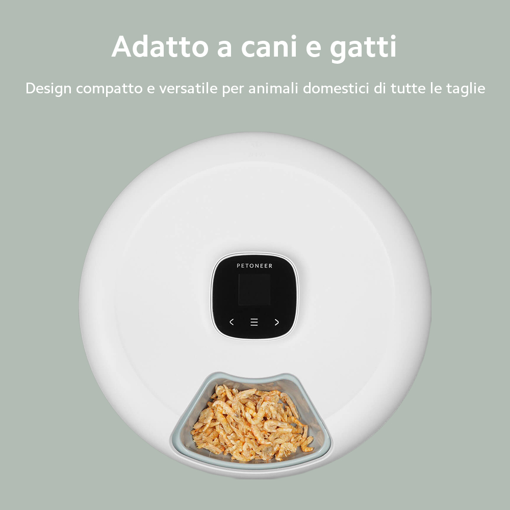 Biały dozownik karmy dla zwierząt z jedzeniem i panelem sterowania.