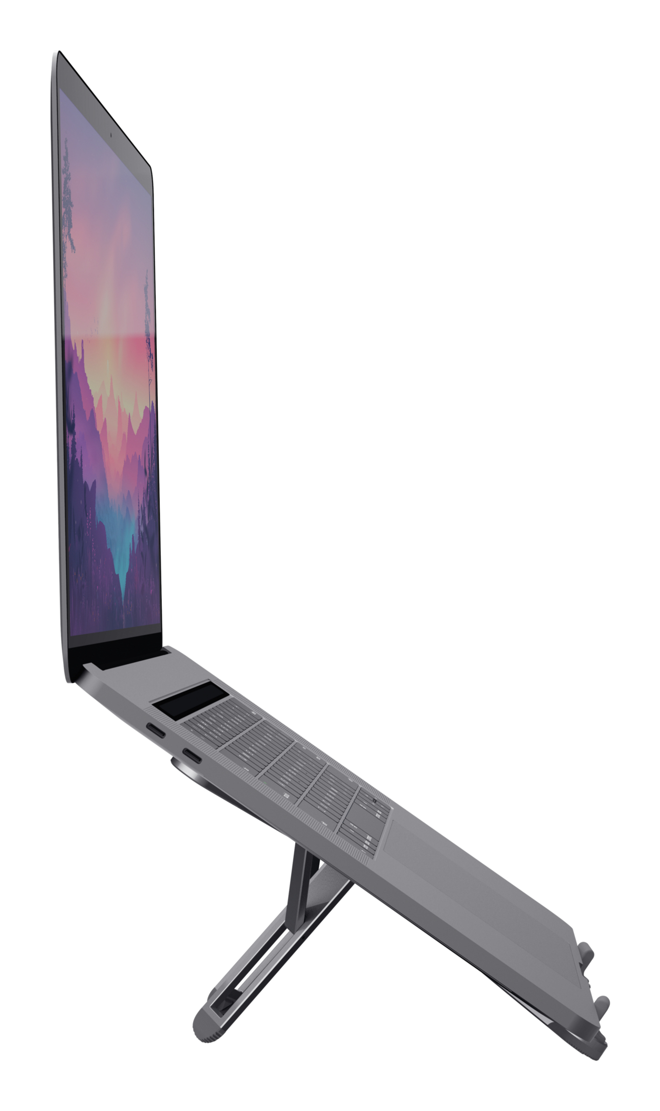 Un supporto per laptop grigio con un laptop. Lo schermo mostra un paesaggio montano.