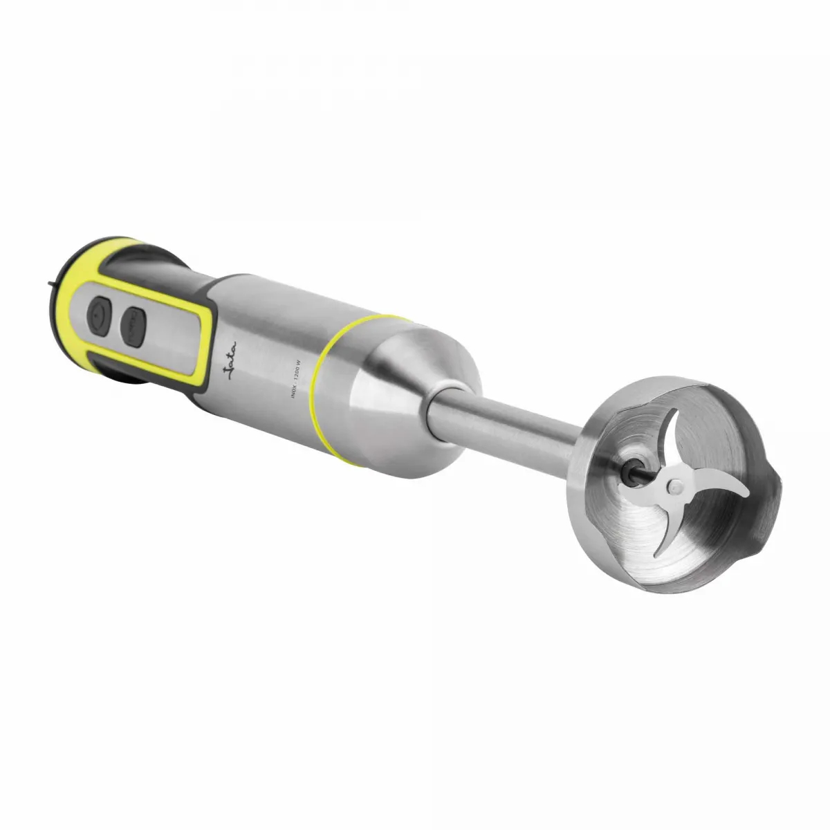 Srebrny blender ręczny z żółtymi akcentami i czarnymi przyciskami.