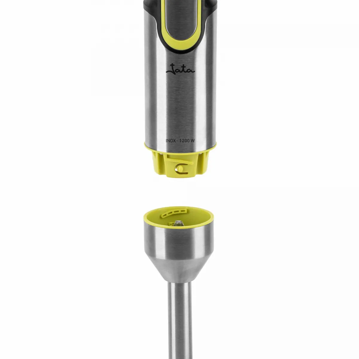 Srebrna przystawka blendera ręcznego z żółtymi akcentami, nad odłączaną częścią.