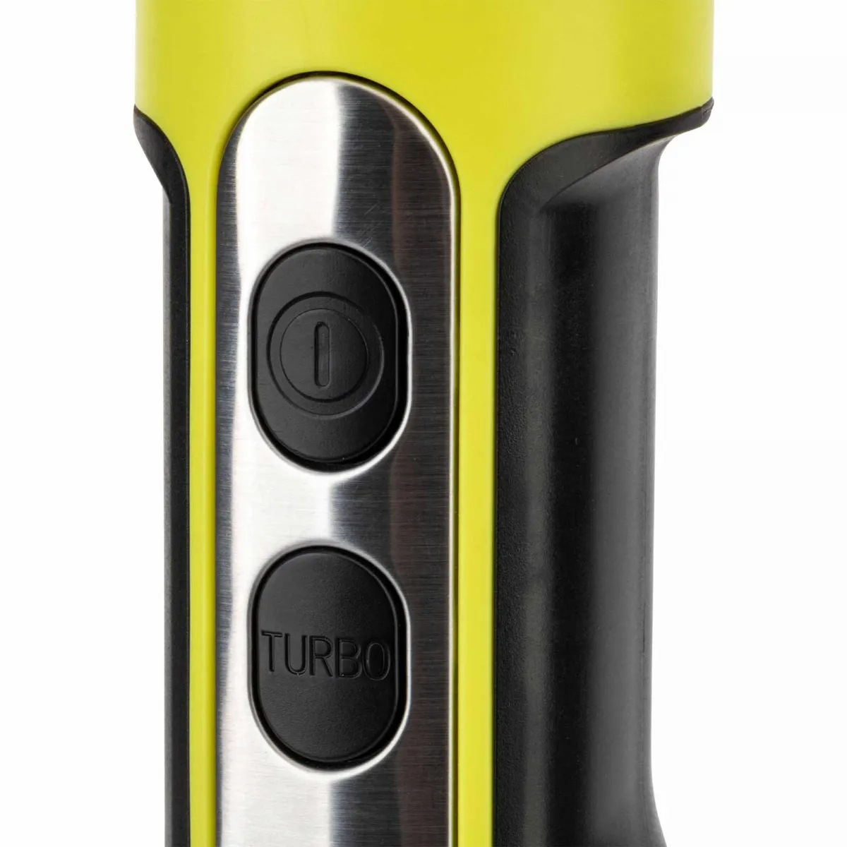 Zielony uchwyt z srebrnym panelem sterowania i dwoma czarnymi przyciskami.