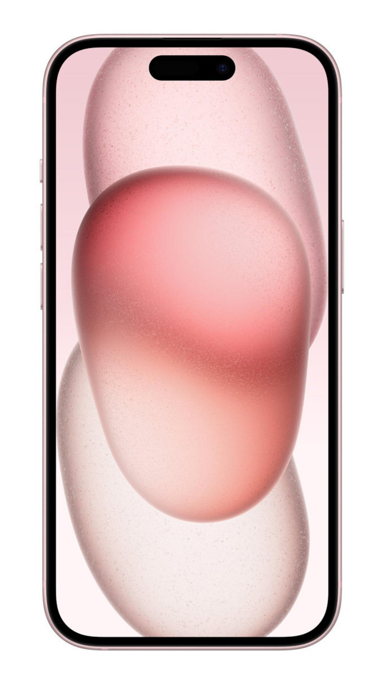 Uno smartphone rosa con uno sfondo dinamico di forme morbide e traslucide.
