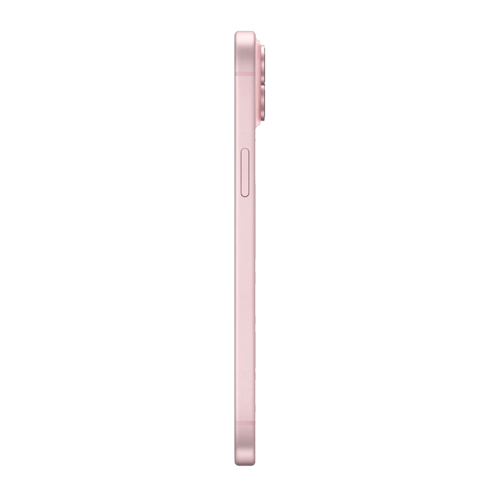 Vista laterale di uno smartphone rosa con fotocamere su sfondo bianco.