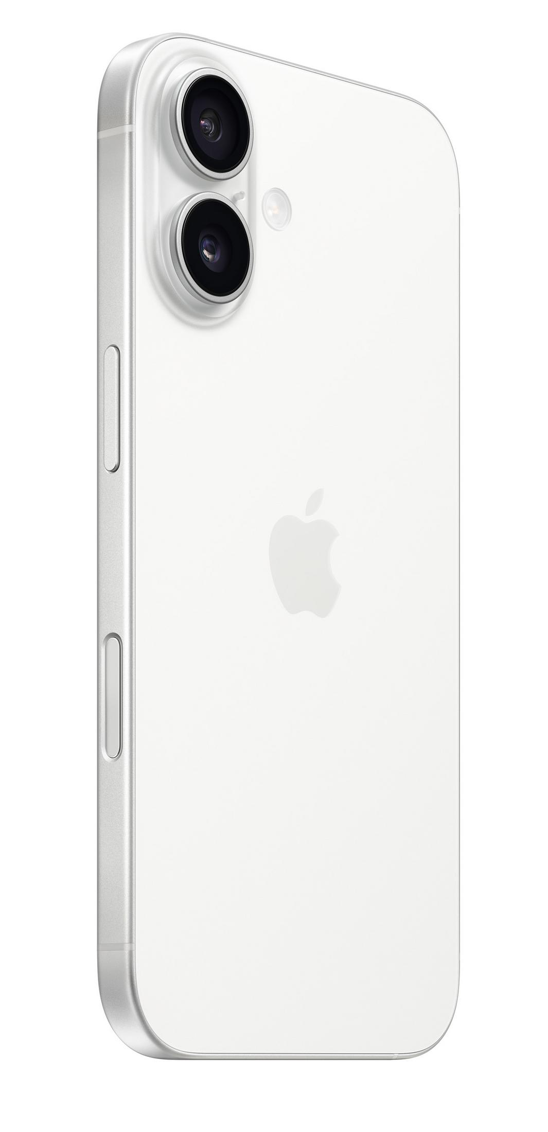 Weiße Rückseite eines iPhones mit zwei Kameras und Apfel-Logo.