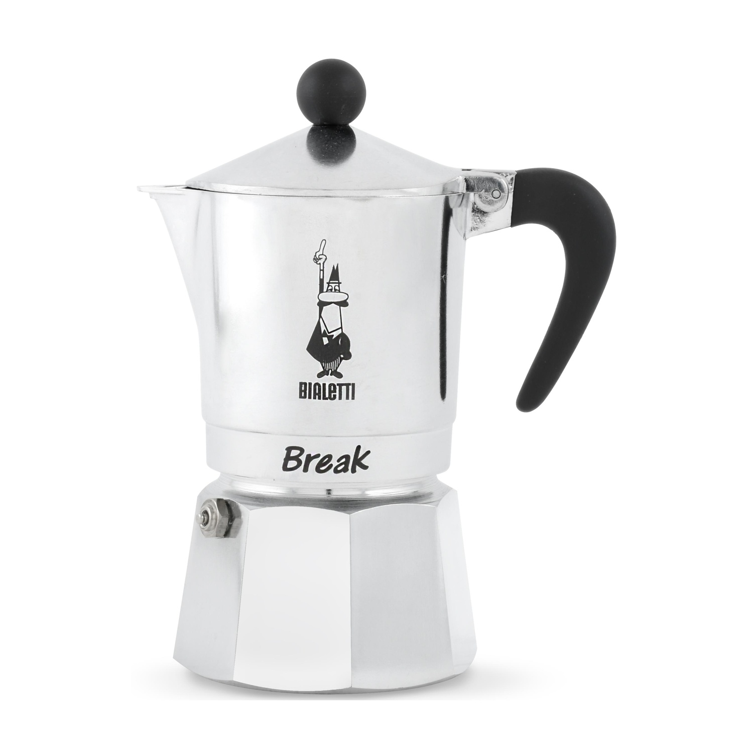 Moka Bialetti argentata con manico e pomello neri.