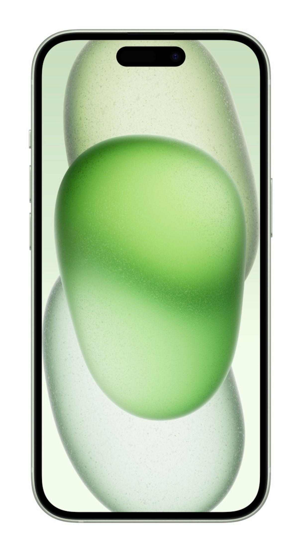 Smartfon z zieloną abstrakcyjną tapetą z miękkimi, zaokrąglonymi kształtami.