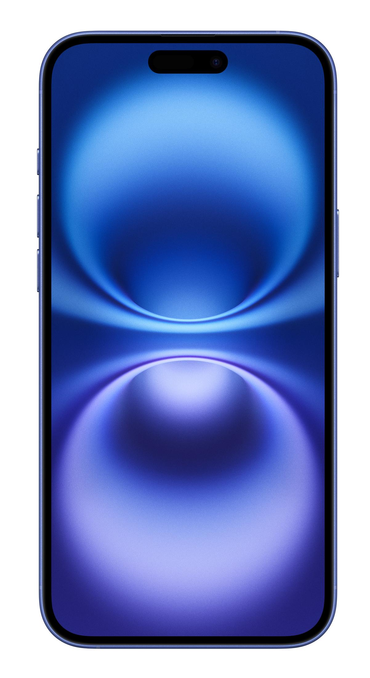 Un smartphone azul con fondo abstracto. Está sobre fondo blanco.