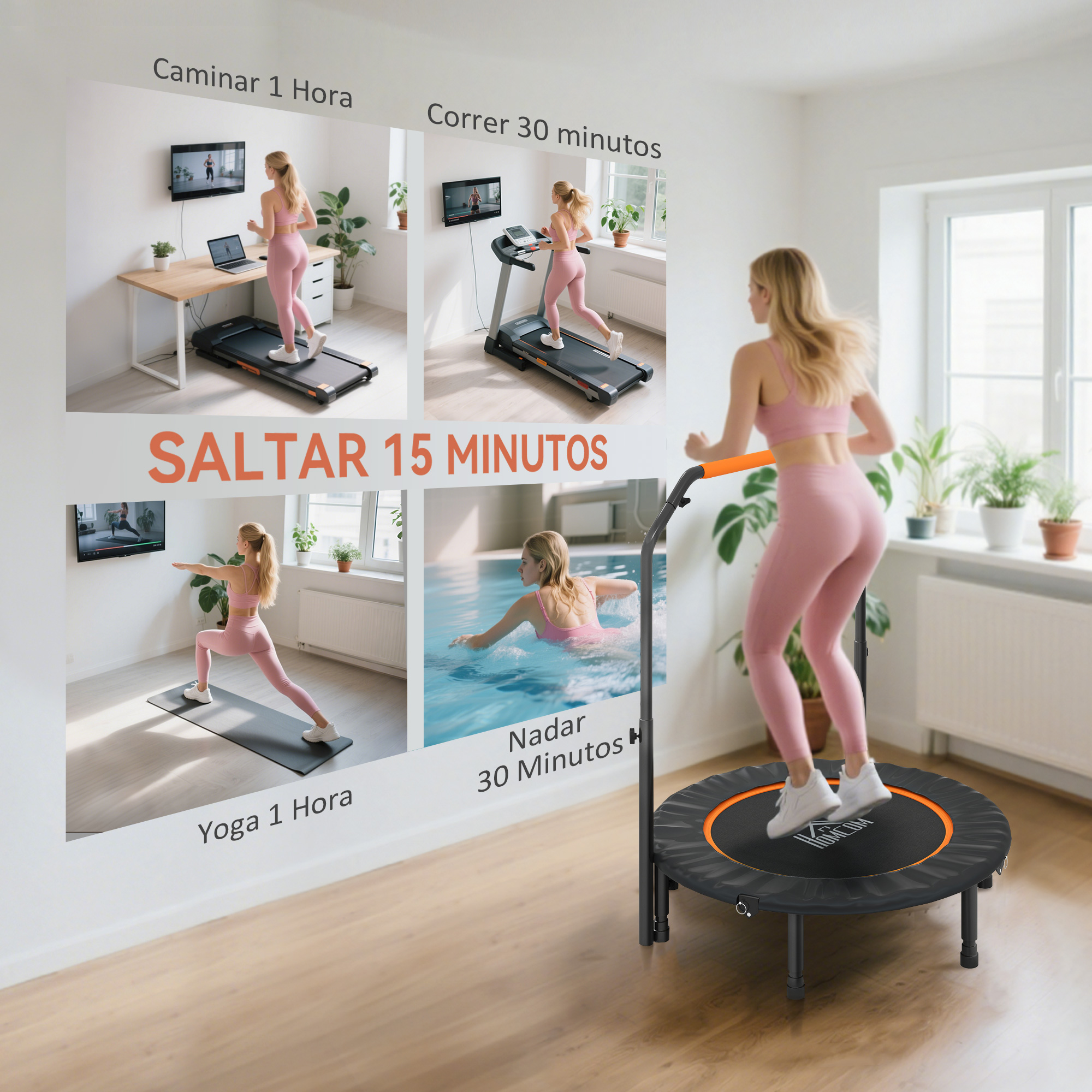 Una mujer salta en un trampolín. Imágenes muestran caminar, correr, yoga, nadar.