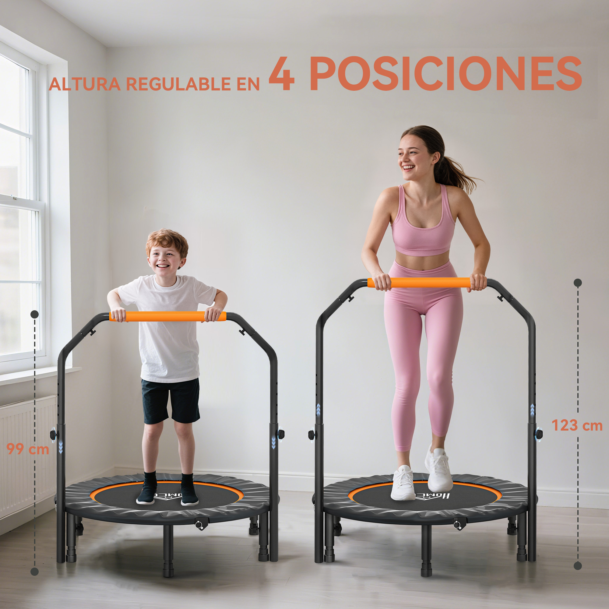 Un niño y una mujer en dos trampolines con manillar. Indicadores de altura visibles.
