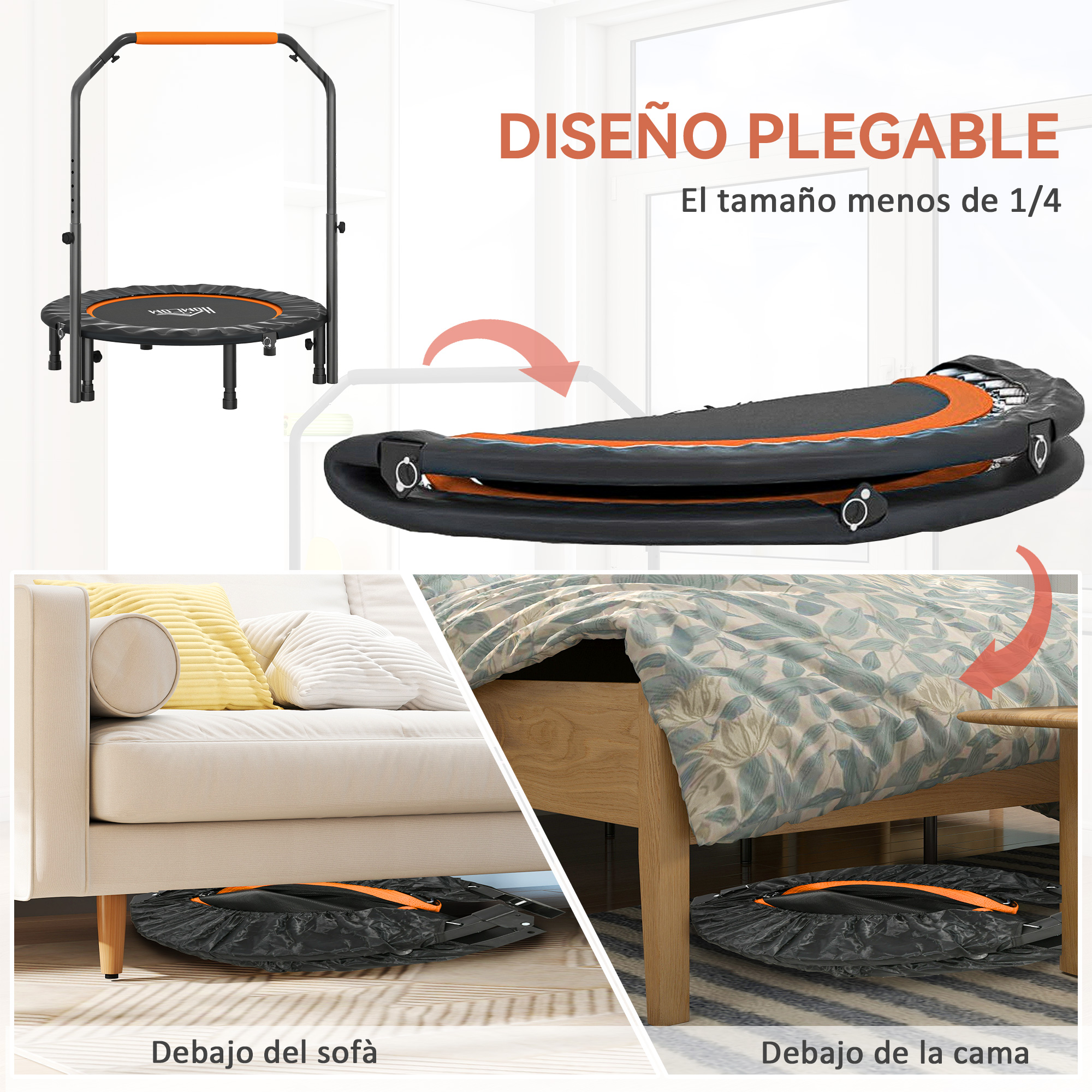 Un trampolín plegable se muestra guardado bajo un sofá y una cama.