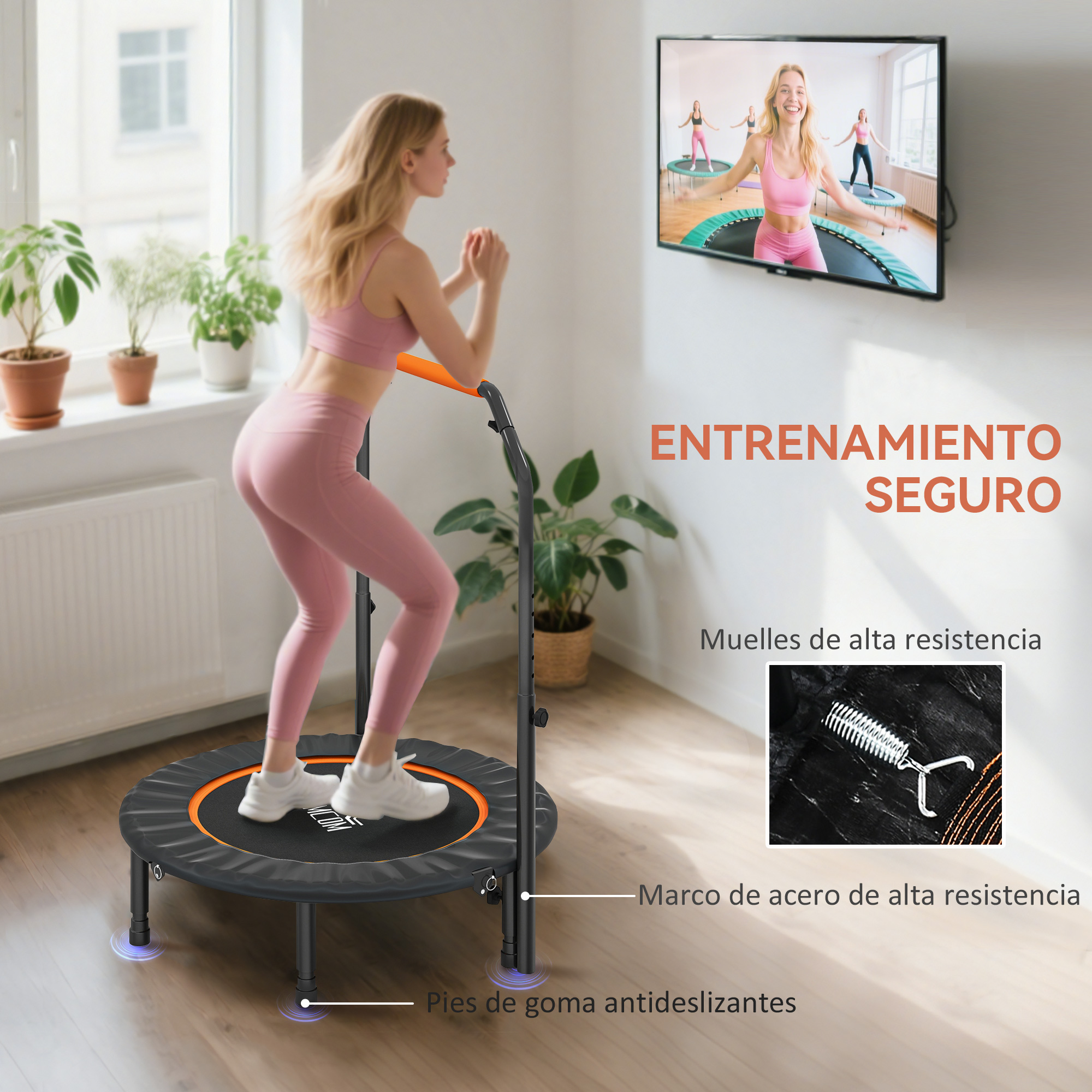 Mujer entrenando en trampolín, TV muestra clase de fitness. Texto: Entrenamiento seguro.