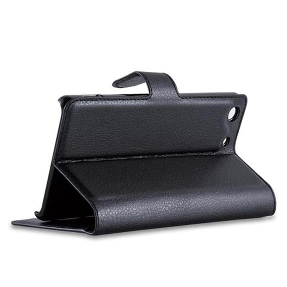 Ein schwarzes Leder-Flip-Case für ein Tablet oder Smartphone, aufrecht stehend.