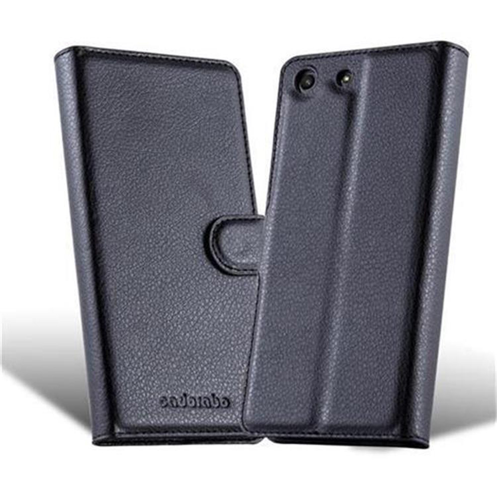 Schwarze Ledertasche für ein Handy, offen mit Kameraschlitz.