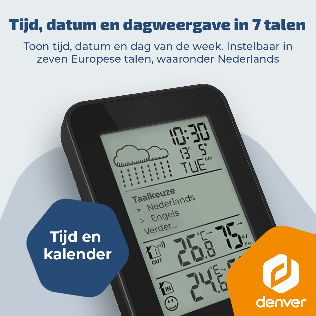 A weather station display shows time, date, temperature, and language options.