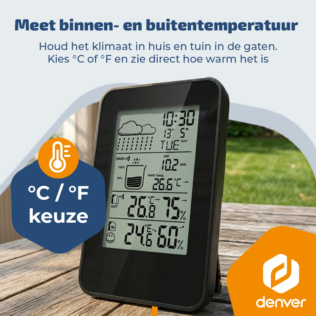 A digital weather thermometer displays indoor and outdoor temperatures.