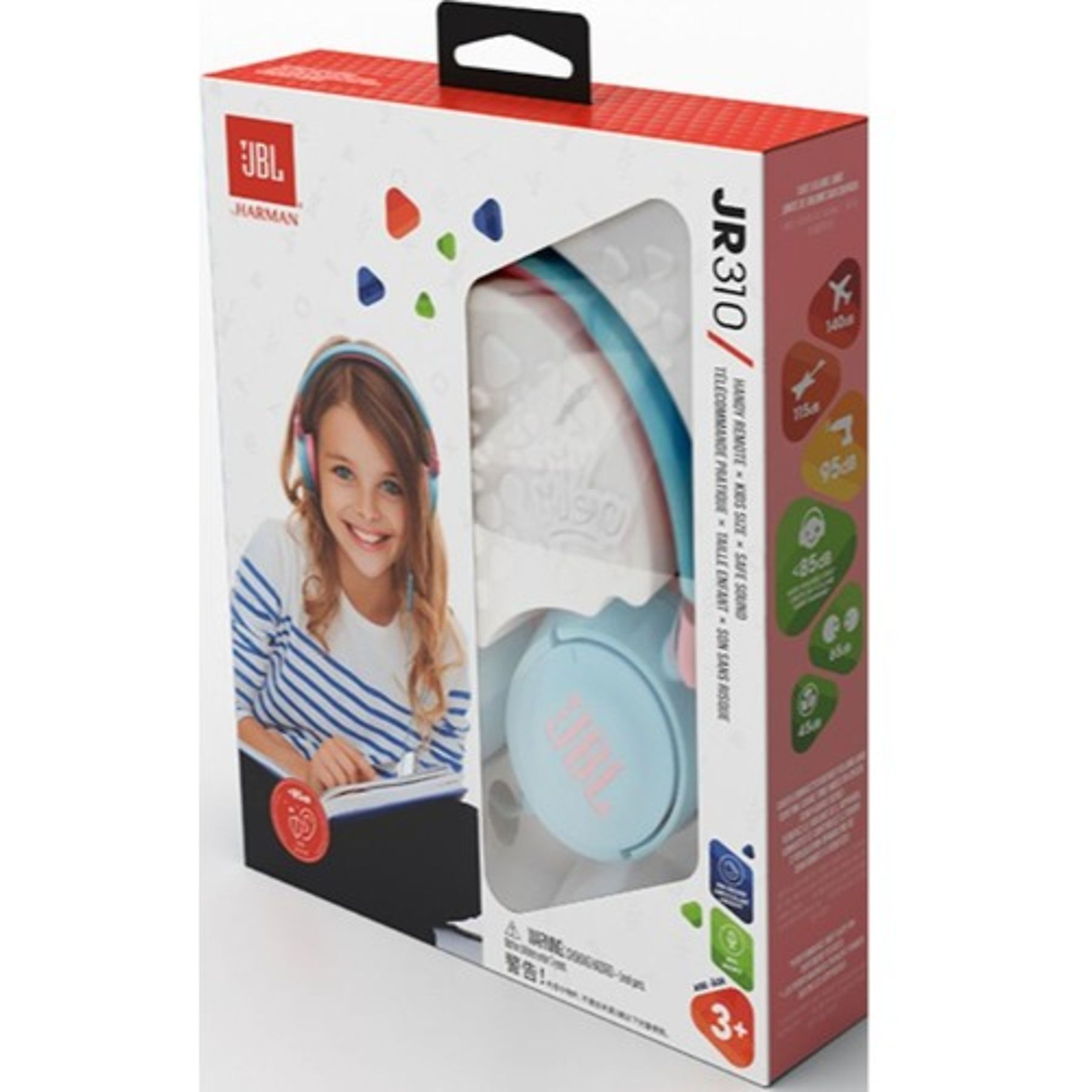 Opakowanie słuchawek JBL JR310 z uśmiechniętą dziewczynką w słuchawkach.