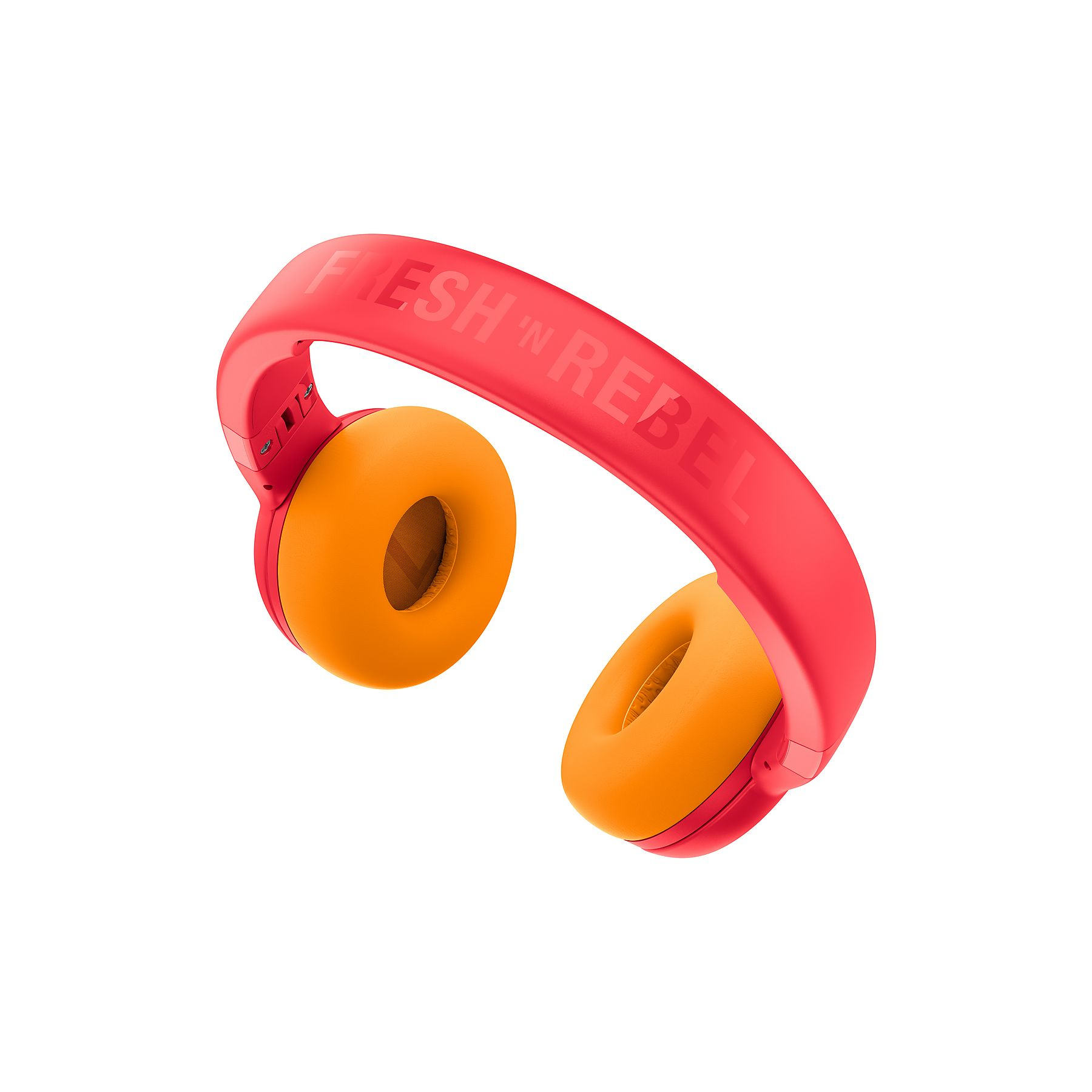 Czerwone słuchawki z pomarańczowymi nausznikami i napisem 'FRESH N REBEL'.