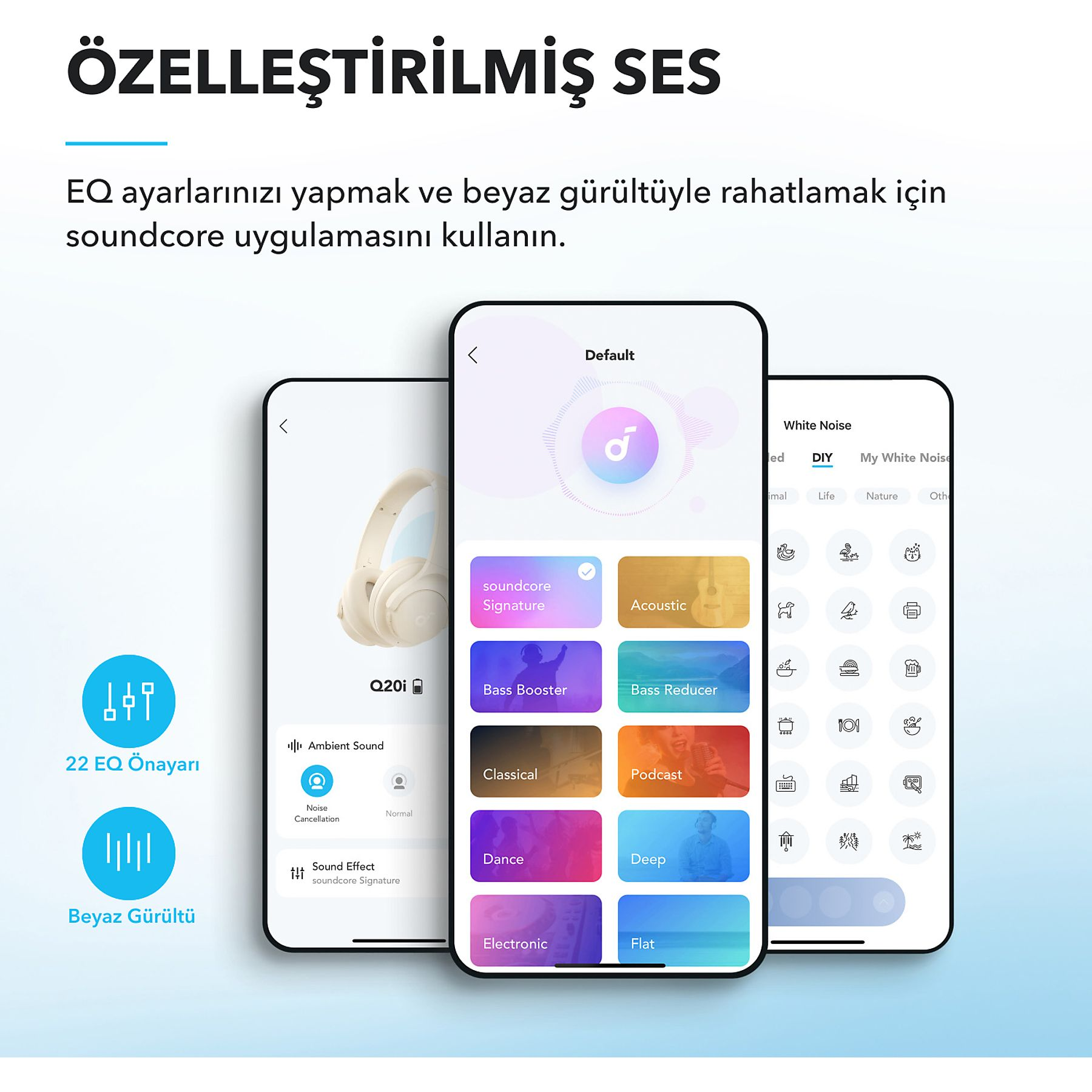 Trzy ekrany telefonu wyświetlają aplikację Soundcore z ustawieniami EQ, trybami dźwięku i opcjami białego szumu.