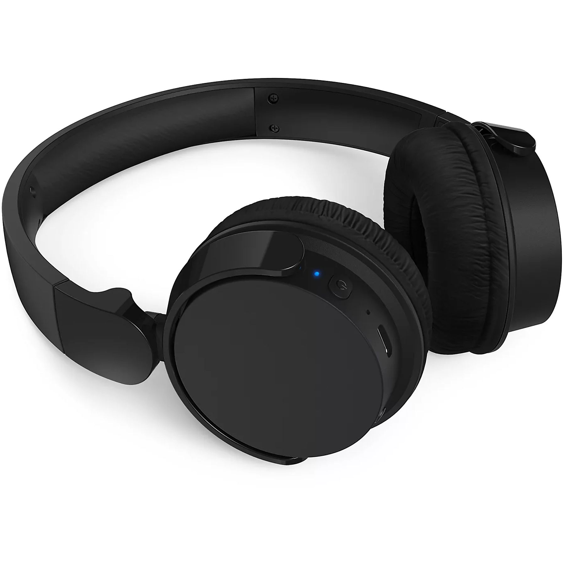 Auriculares negros supraaurales con luz azul y botones de control.