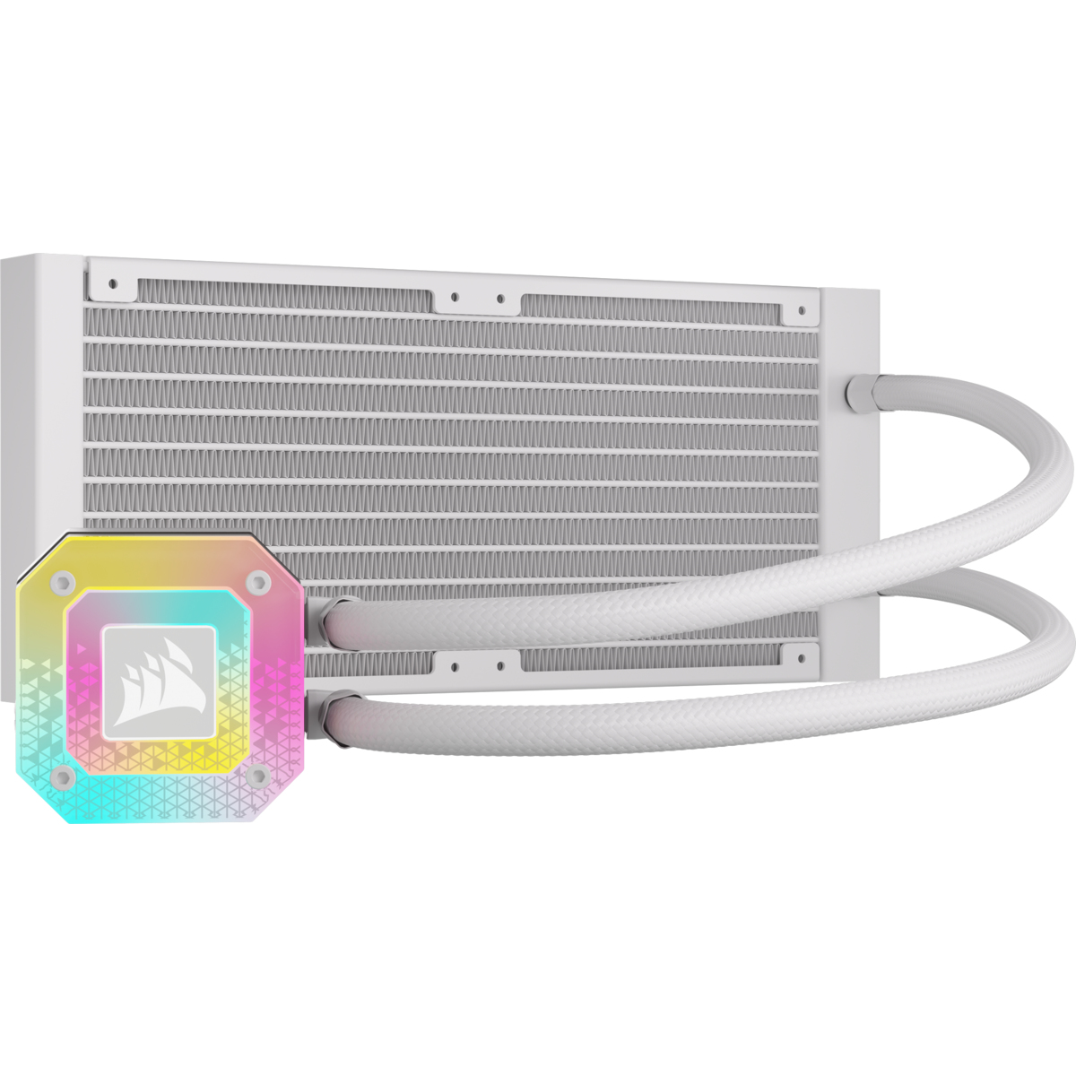 Ein weißer Flüssigkeitskühler mit RGB-Beleuchtung und zwei Schläuchen.