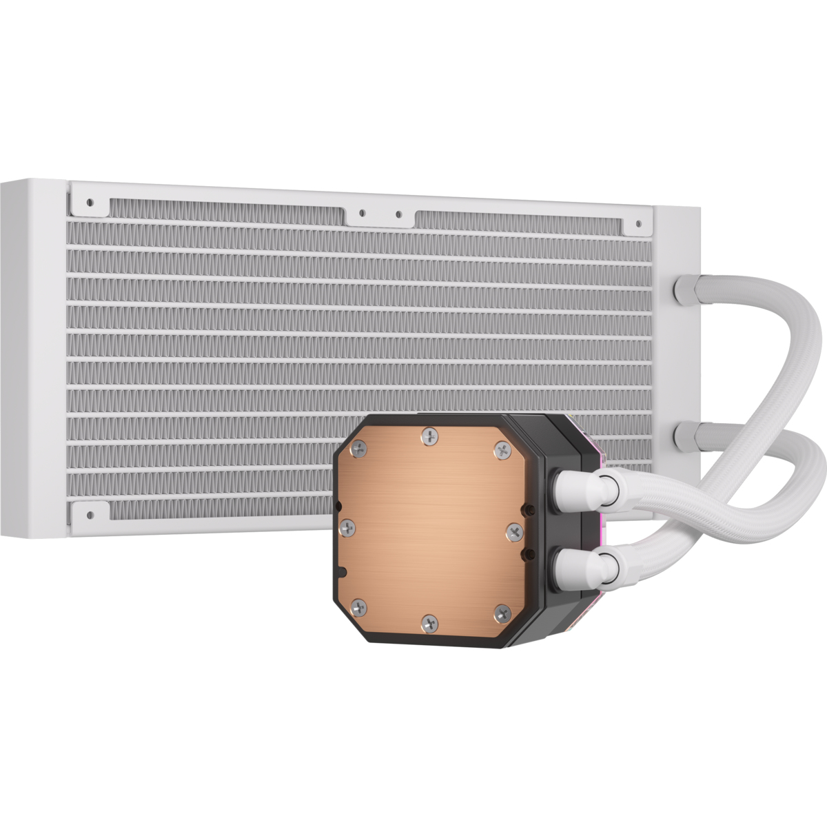 Ein weißer Radiator mit Kupfer-CPU-Block und weißen Schläuchen.