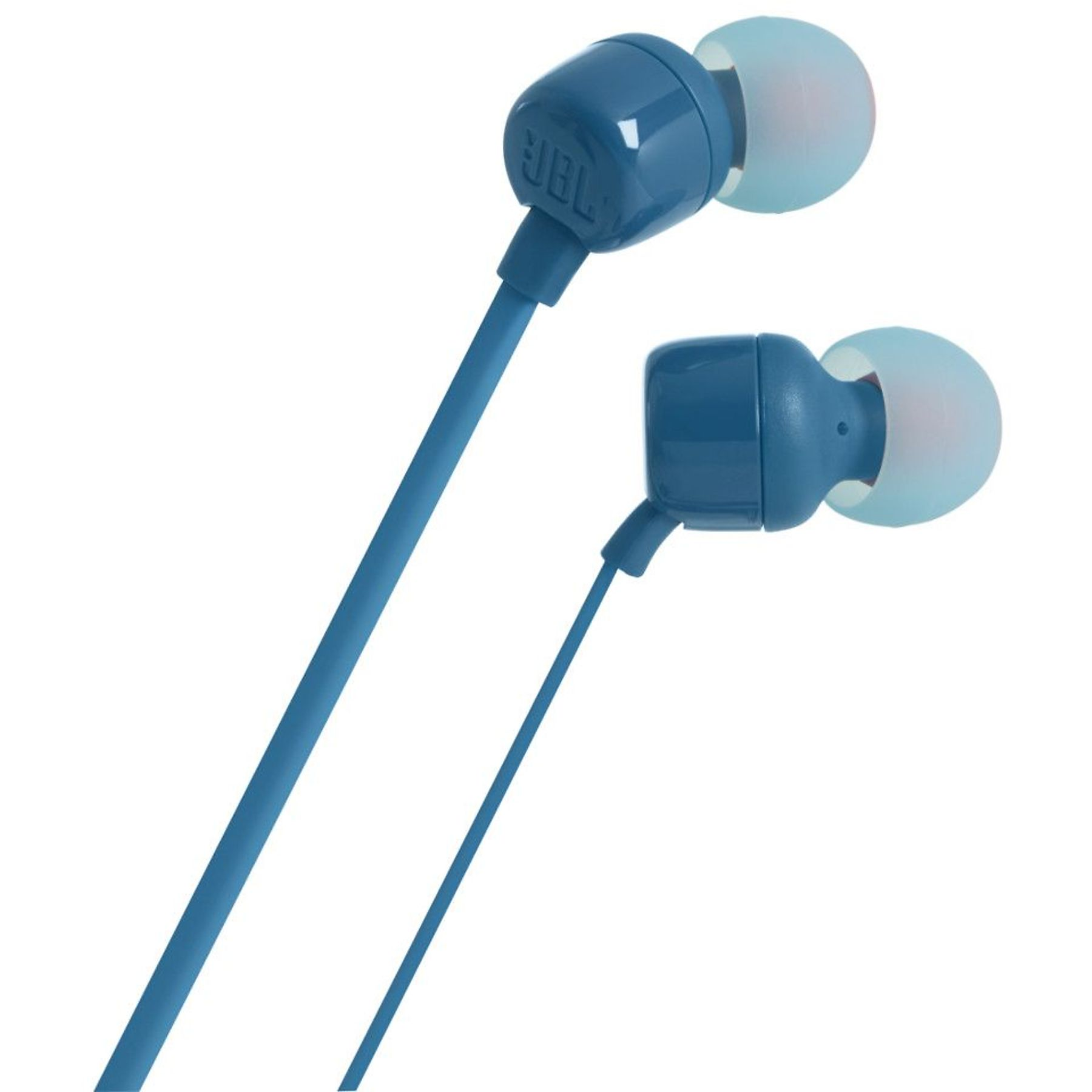 Niebieskie słuchawki JBL z półprzezroczystymi wkładkami na białym tle.