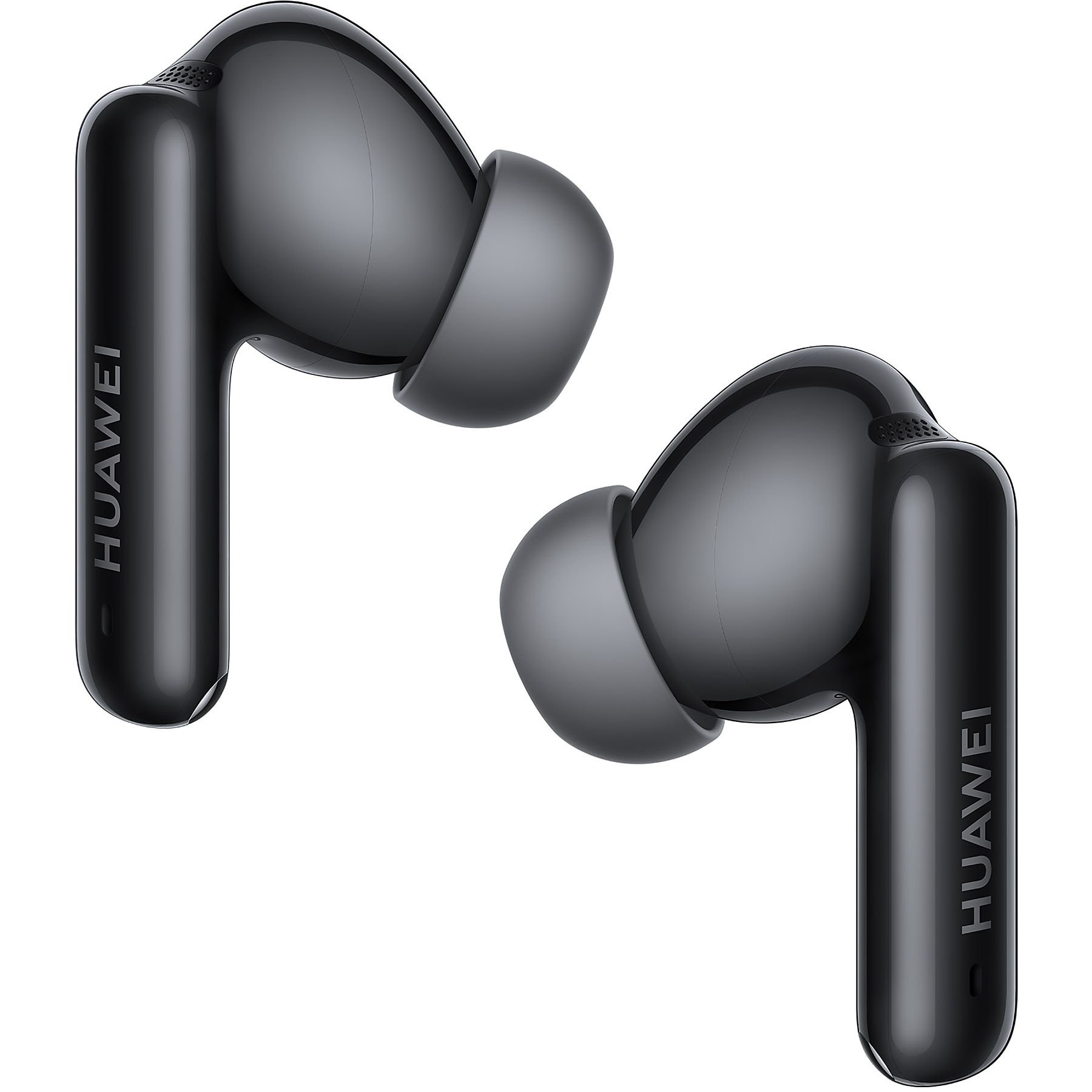 Dos audífonos Huawei negros con almohadillas en fondo blanco.