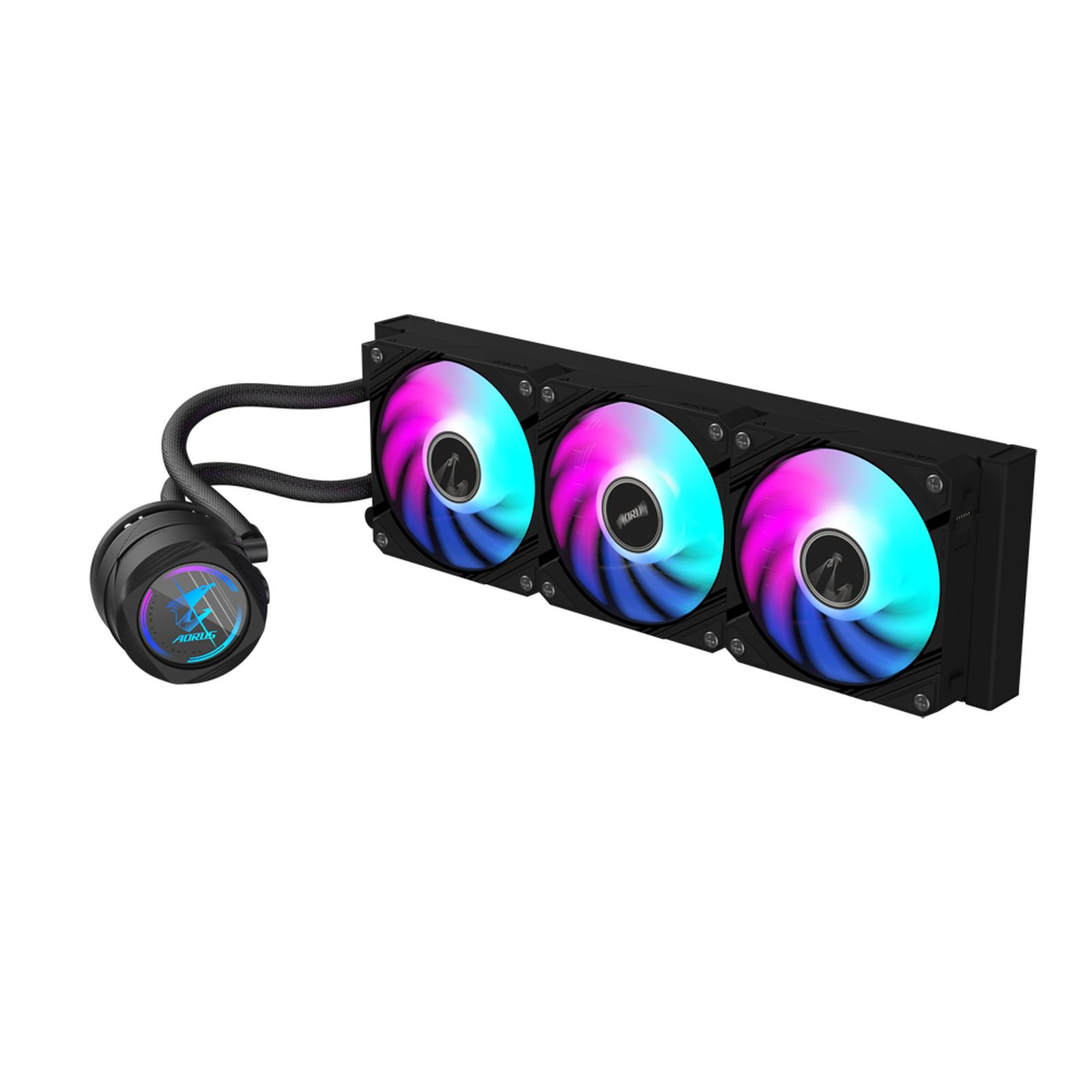 Czarna chłodnica CPU z trzema wentylatorami RGB i okrągłą obudową pompy.