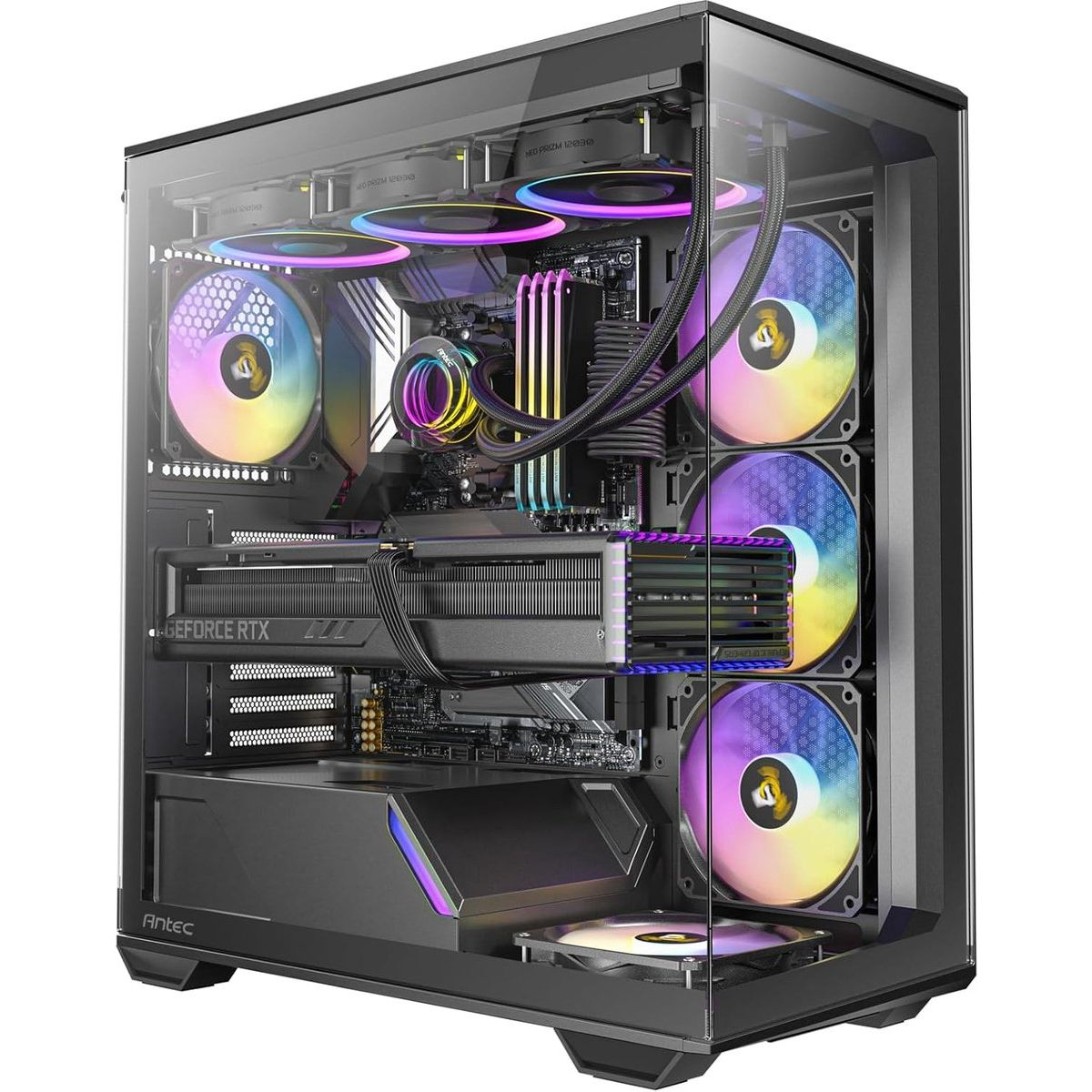 A PC with RGB lighting, GeForce RTX, and Antec case.