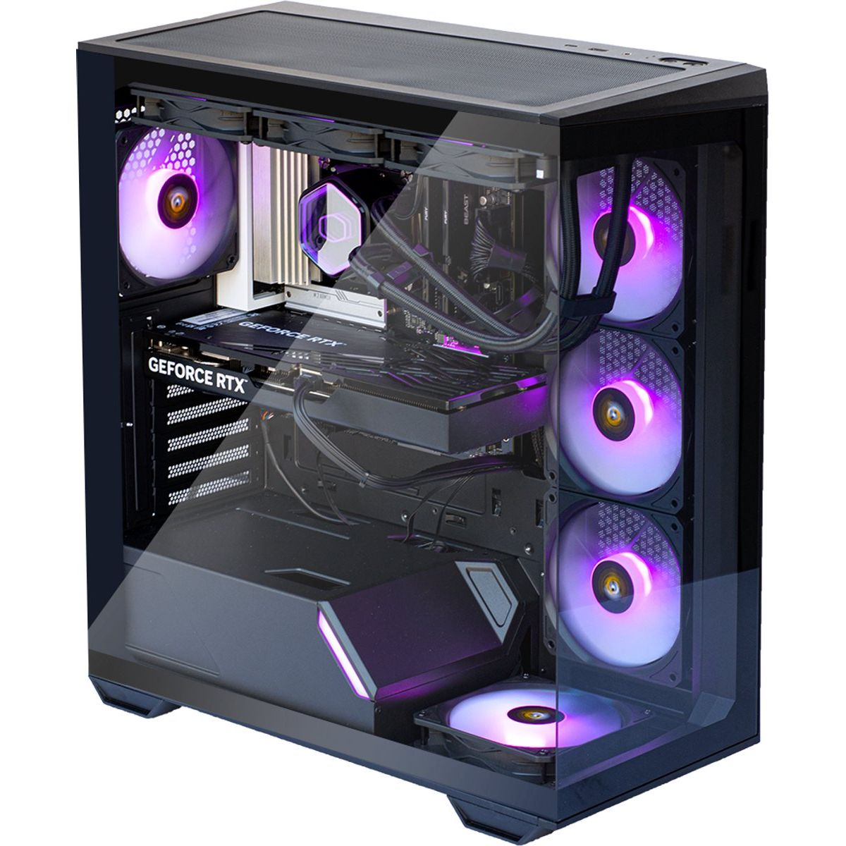 A black PC case with glass panels and purple fans.