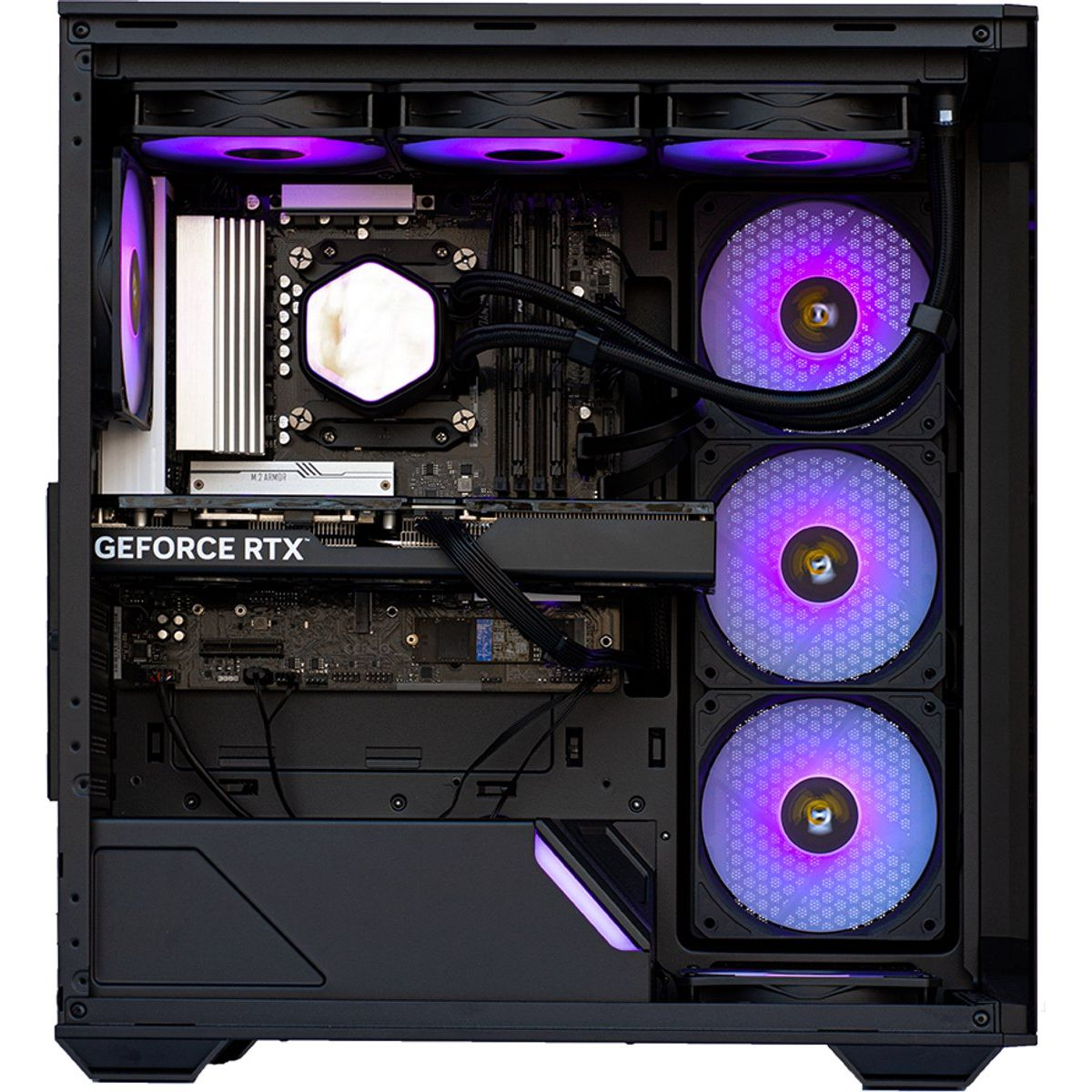 An open PC case with fans glowing purple.