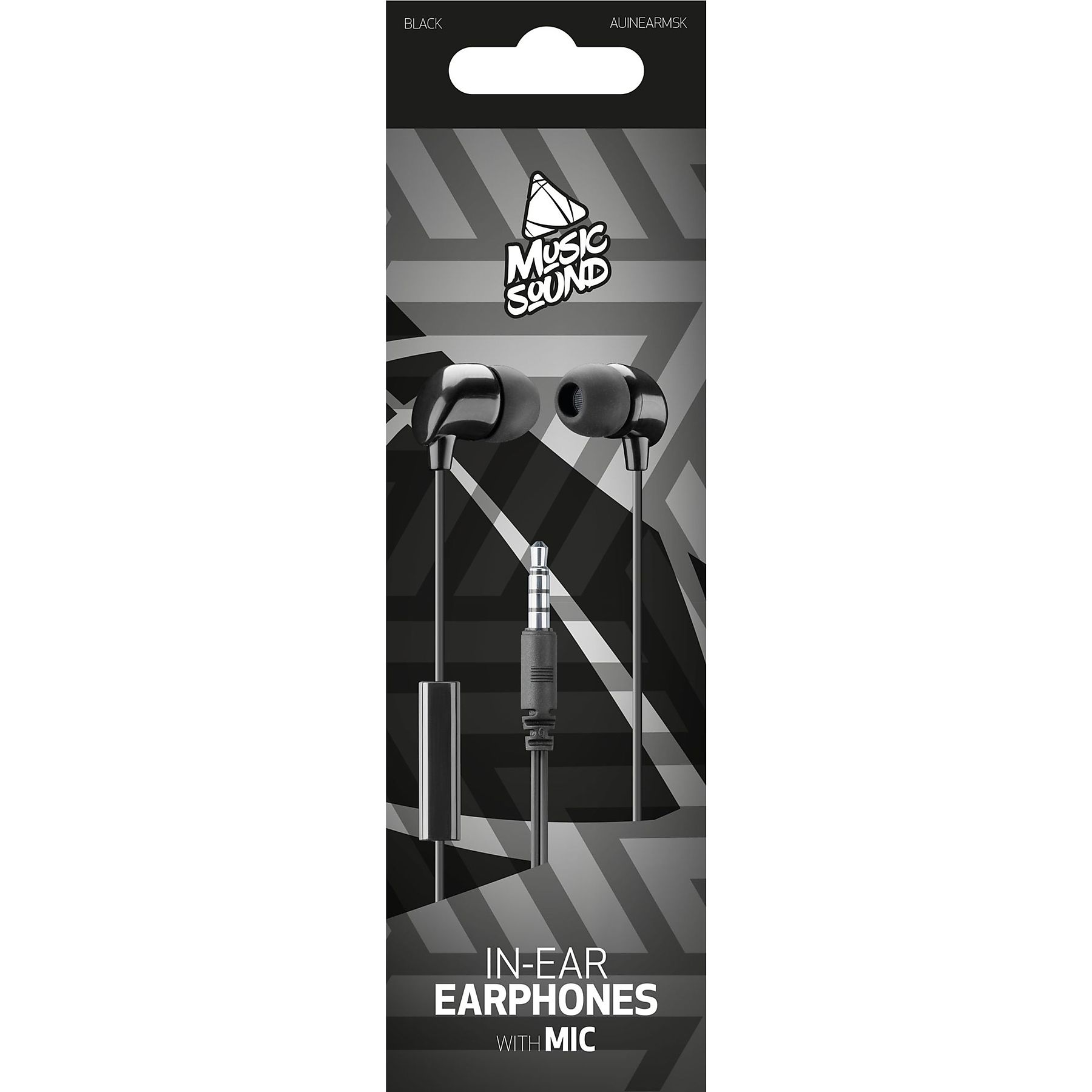 Schwarze In-Ear-Kopfhörer mit Mikrofon auf Verpackung.