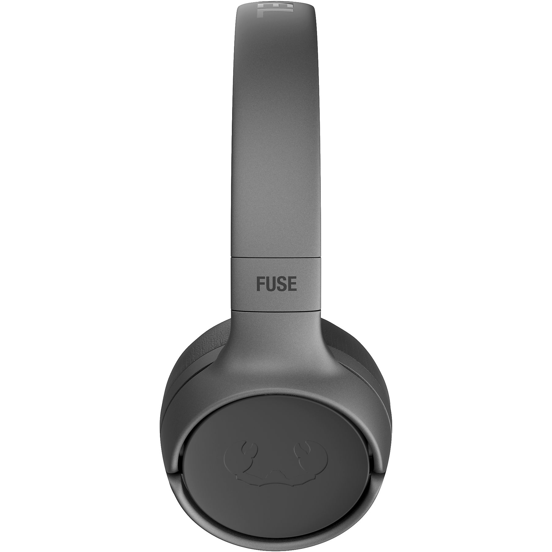 Graue Kopfhörer mit dem Wort FUSE und einem Logo auf weißem Hintergrund.